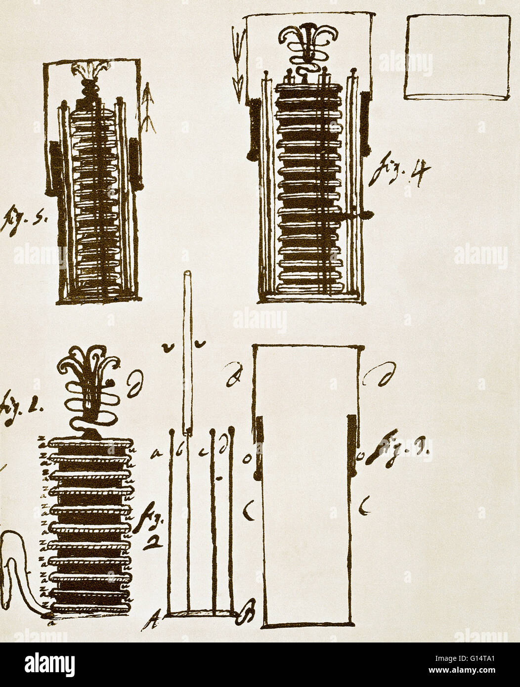 Un dessin fait par Alessandro Volta inventeur (1745 - 1827), de la première pile électrique, appelée la 'pile' ou la batterie voltaïque. C'était le premier instrument capable de produire un courant électrique continu. Après avoir lu sur le poisson torpille qui livre Banque D'Images Un dessin fait par Alessandro Volta inventeur (1745 - 1827), de la première pile électrique, appelée la 'pile' ou la batterie voltaïque. C'était le premier instrument capable de produire un courant électrique continu. Après avoir lu sur le poisson torpille qui livre Banque D'Images