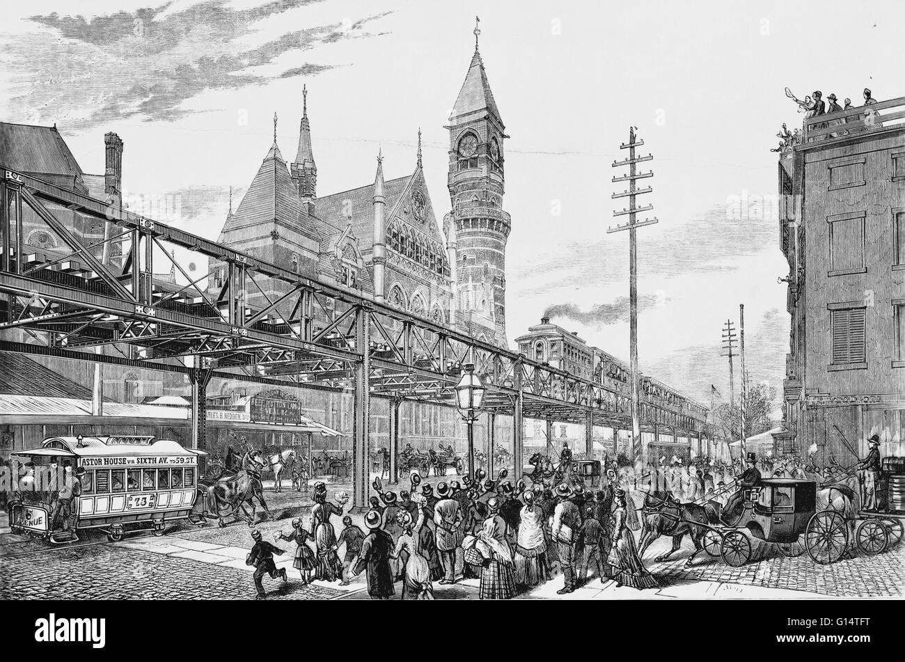 29 avril 1878 : la foule montre de la rue que le premier train sur la sixième Avenue Des Railroad passe le long de la Sixième Avenue, près de tribunal de police marché Jefferson, New York. Banque D'Images