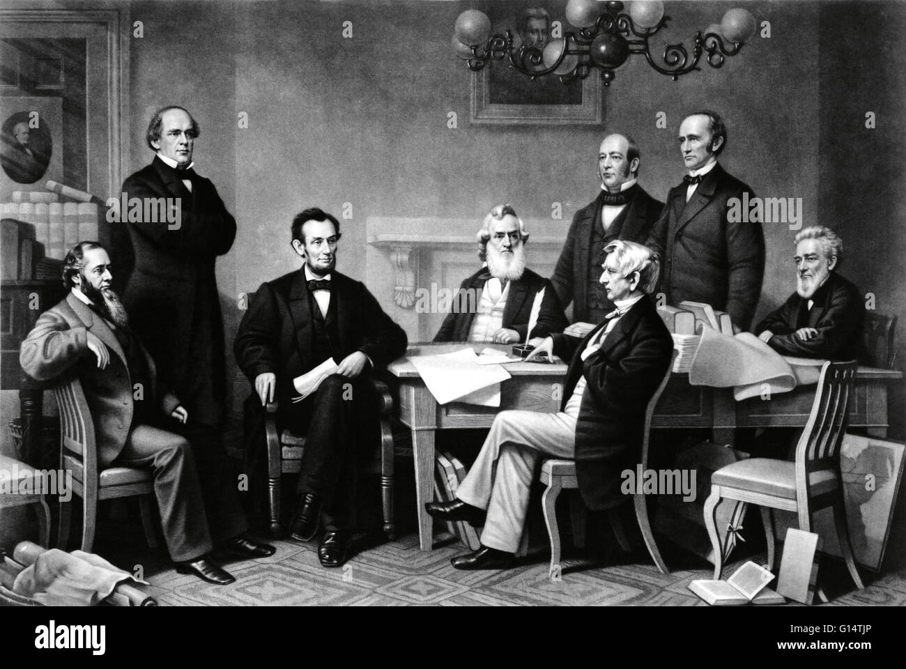 La première lecture de la proclamation d'Émancipation avant de l'armoire. Gravure de Alexander Hay Ritchie, 1866. Abraham Lincoln (1809-1865) a été le 16e président des États-Unis, à partir de mars 1861 jusqu'à son assassinat en 1865. Il a conduit son pays t Banque D'Images