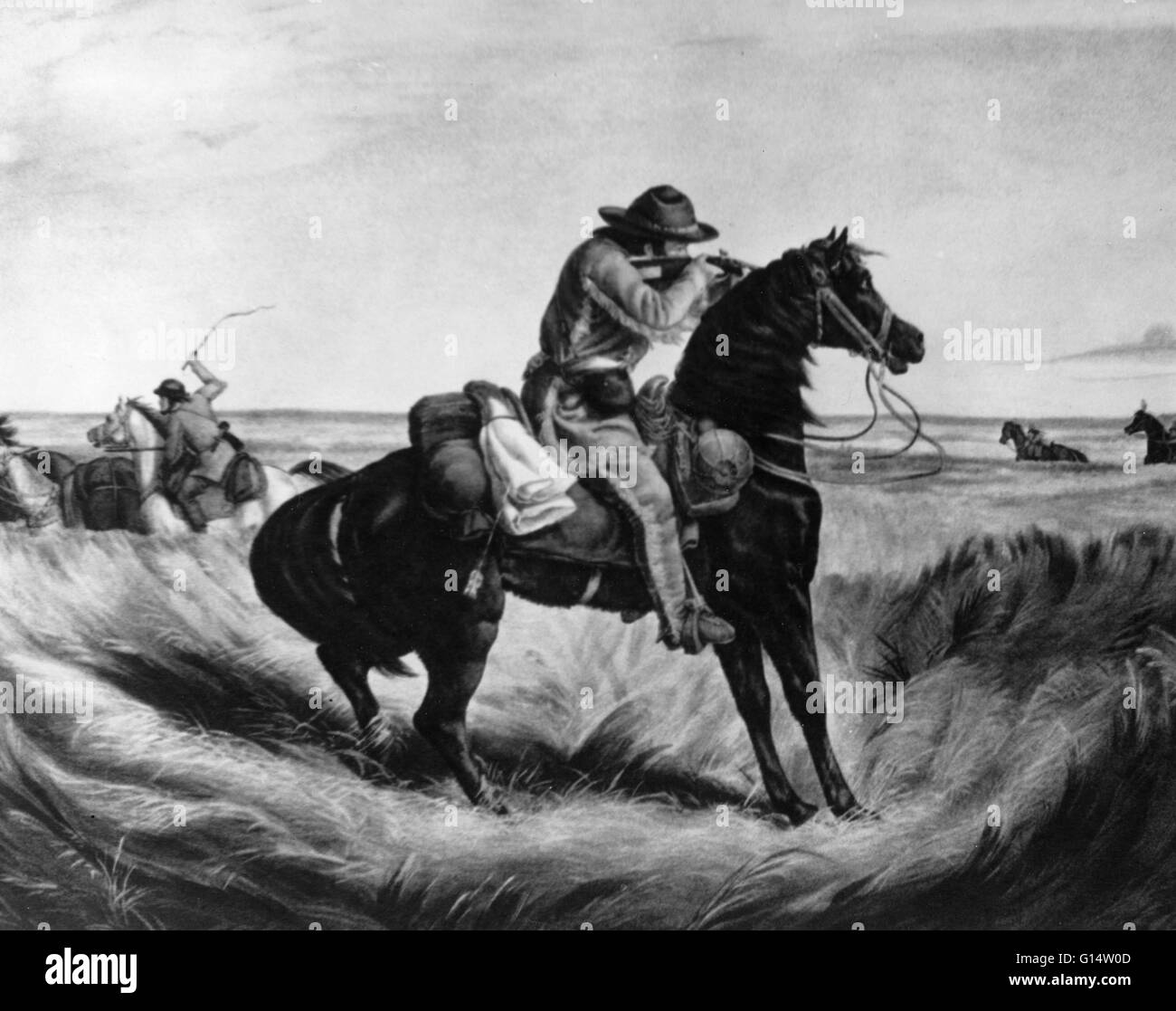 Au début les colons américains et les pionniers la bataille avec les Indiens d'Amérique sur la prairie. Banque D'Images