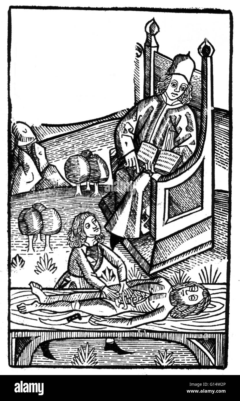 15e siècle, à partir de la leçon d'anatomie de l'Anathomia Mondino corporis humani, (1493). Alors que le professeur lit le texte, son assistant signale les organes en discussion. De Mondino (1270 - 1326 Luzzi) était un médecin, anatomiste, professeur et Banque D'Images