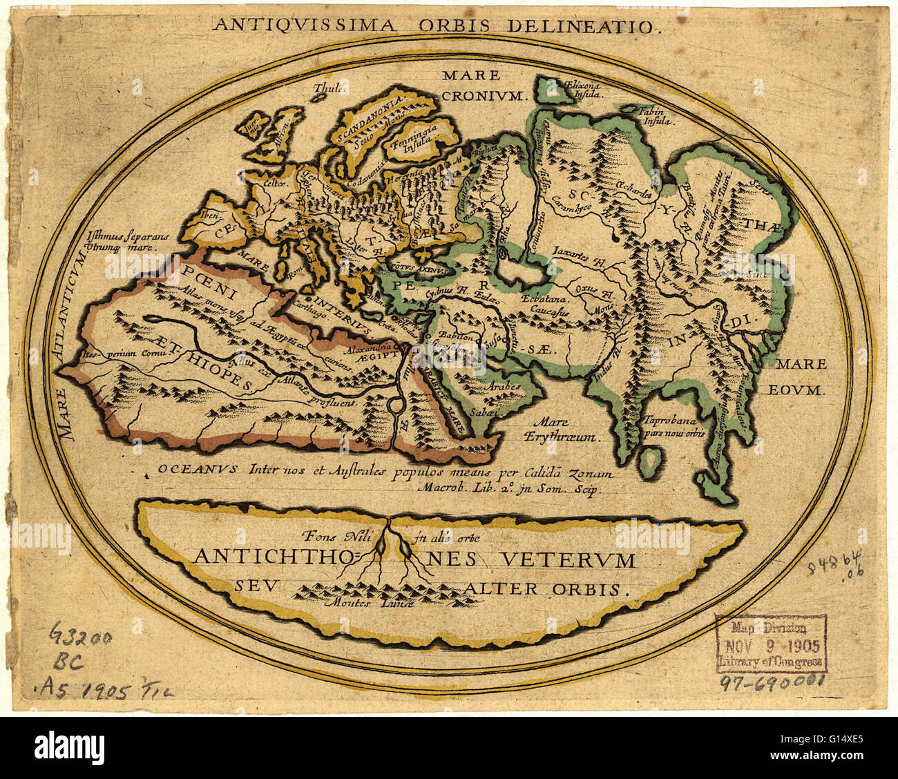 Site de l'Ancien Monde avec texte latin. Le titre est Antiquissima Delineatio Orbis (ancienne carte du monde). Le niveau de connaissance géographique est semblable à celle jusqu'au 15e siècle. La carte montre l'Europe : (jaune), l'Afrique du Nord (rouge), travers l'Asie (gre Banque D'Images