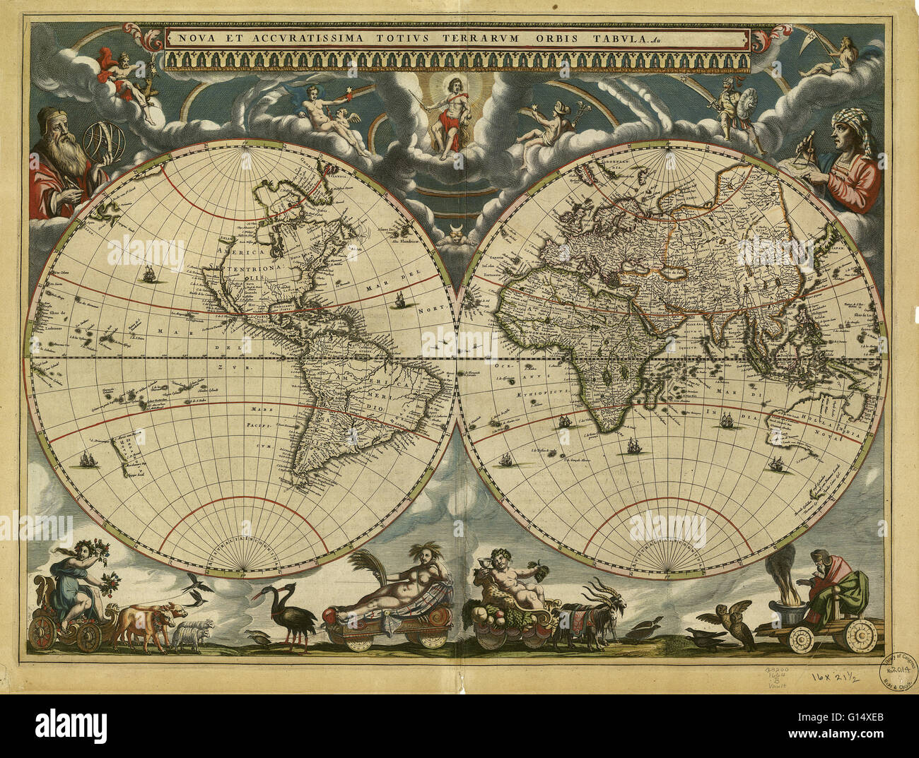 Carte du monde, publié en 1664 à Amsterdam, Pays-Bas, par Joan Blaeu cartographe hollandais (c.1599-1673). Le titre latin est Nova et Accuratissima Totius orbis terrarum tabula (nouvelle et précise toutes les carte du monde). Blaeu's maps construit sur ceux effectués par Mercato Banque D'Images