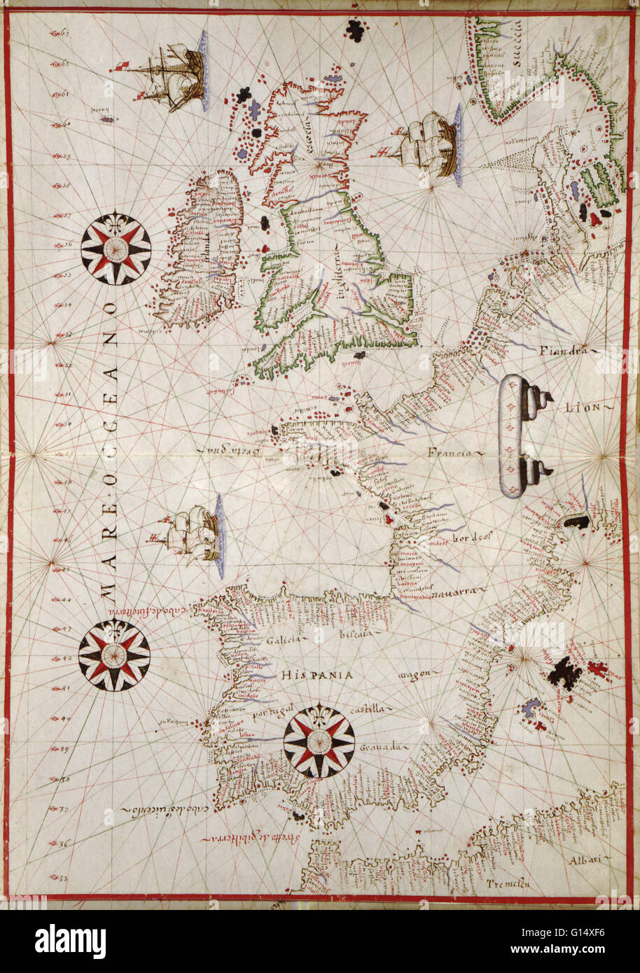 16e siècle plan de l'Europe de l'Ouest. Publié autour de 1590, cette carte montre les côtes de l'Europe de l'Ouest et de la Méditerranée, et fait partie d'un atlas portolan (une collection de cartes de navigation) par le cartographe Joan Oliva, qui fut actif de 1580 Banque D'Images