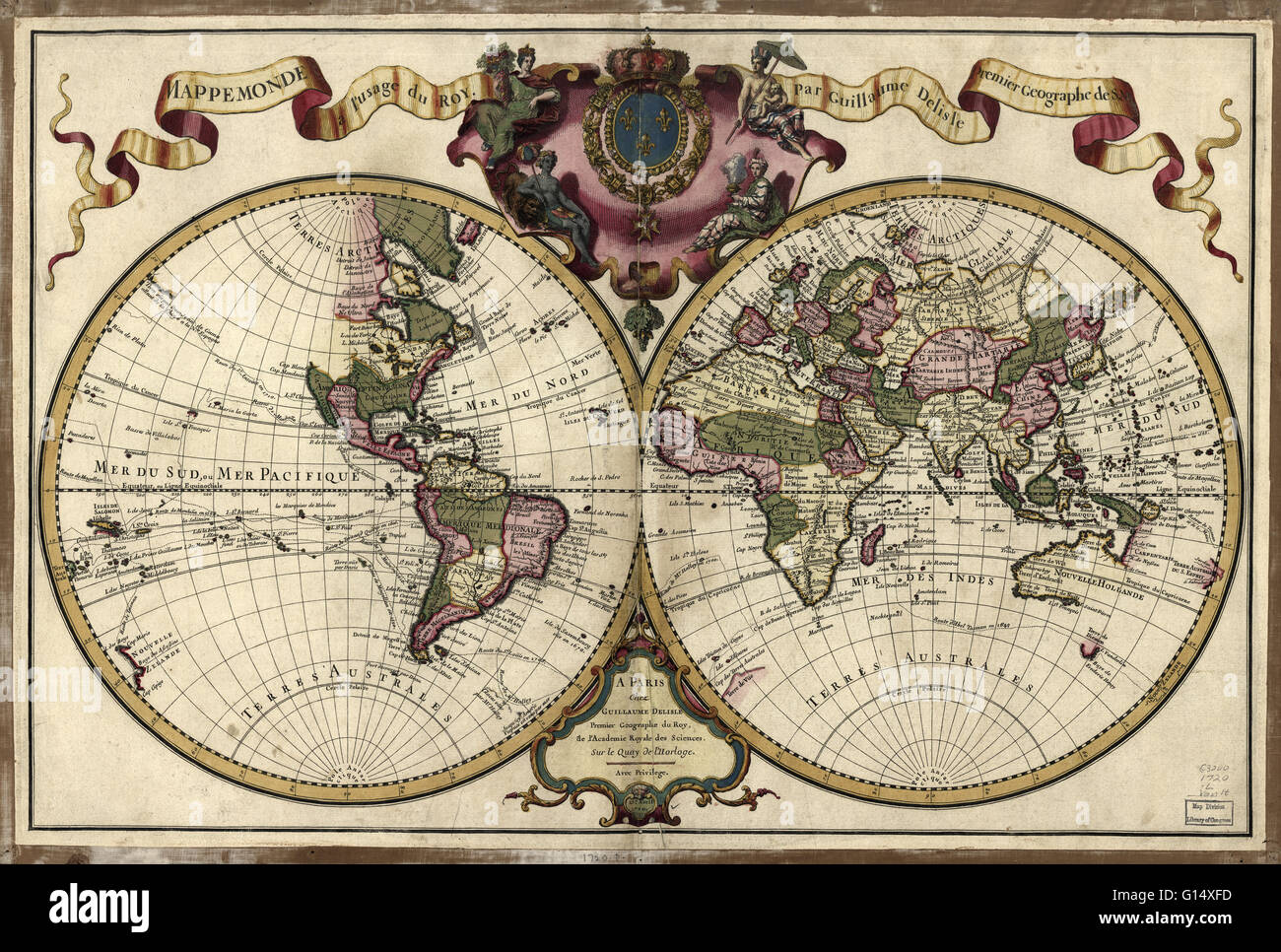 18e siècle carte du monde. Publié à Paris en 1720, cette carte montre les Français connu dans le monde entier, y compris les nouvelles terres qui avaient été découverts au cours des siècles par les Européens à la découverte à travers l'Atlantique et de loin à l'Est autour de l'Afrique. Il Banque D'Images