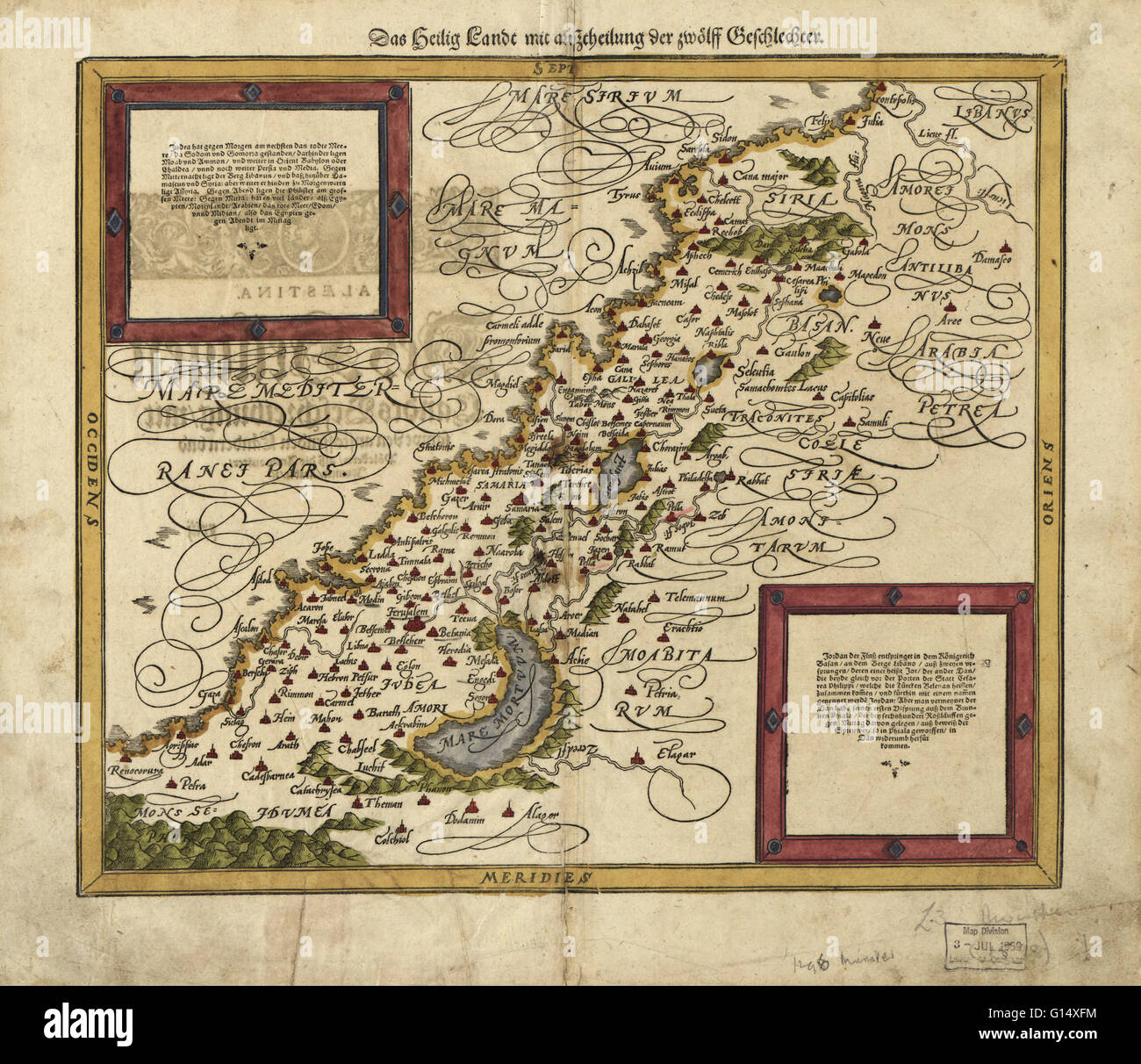 16e siècle plan de la Palestine. Nord est vers la droite. Publié en 1588, cet Allemand carte montre la géographie de la Palestine, Centerd sur la zone qui deviendra plus tard l'état d'Israël. Les inscriptions sont en allemand, et les noms de lieux sont en Latin. Banque D'Images