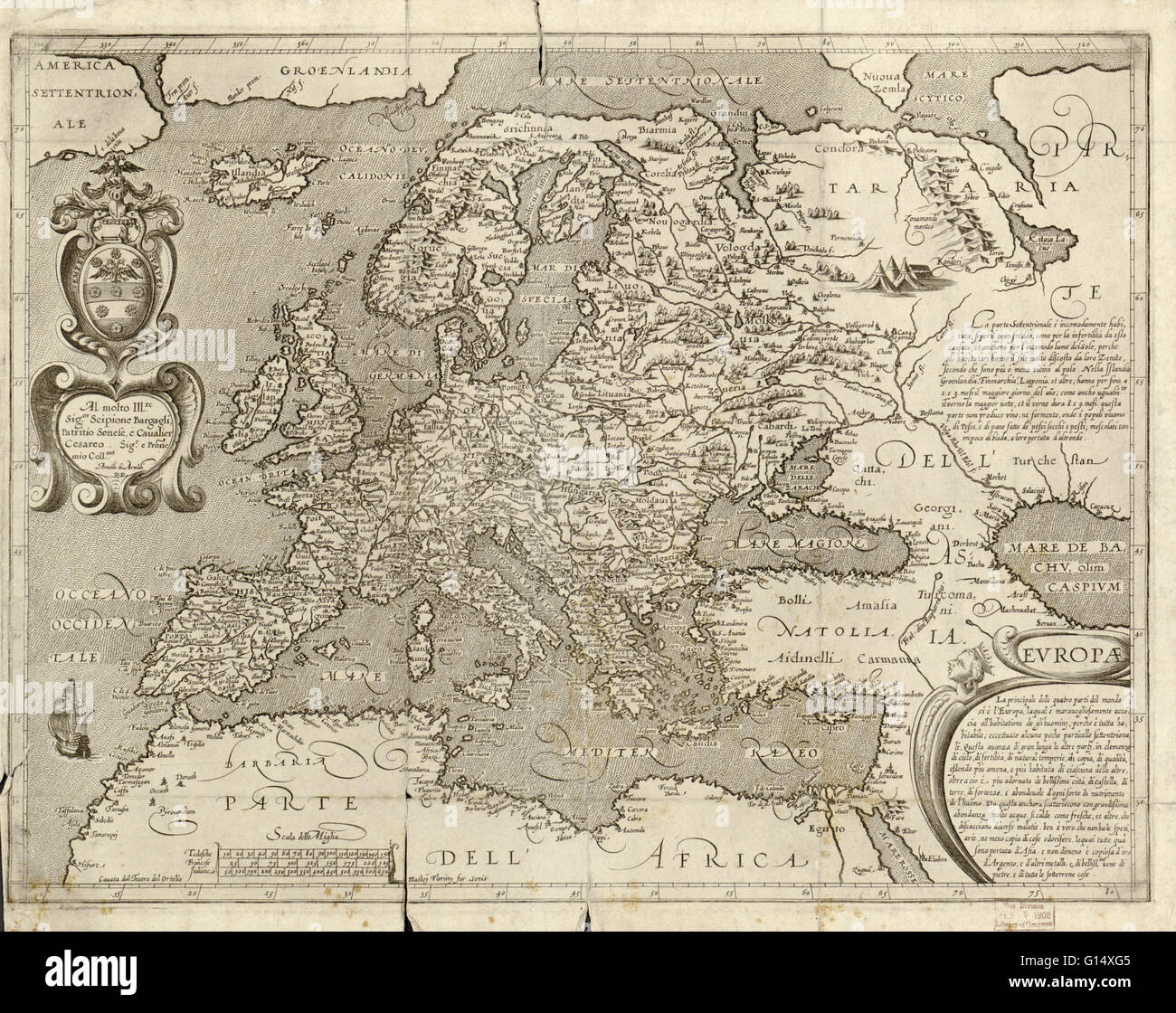 Carte de l'Europe du 16ème siècle. Publié à Sienne en 1600, ce site italien présente les dernières connaissances de la géographie de l'Europe. L'écriture est en italien, et un dévouement est donné en haut à gauche dans un cartouche, avec le nom de l'Ar, cartographe Banque D'Images