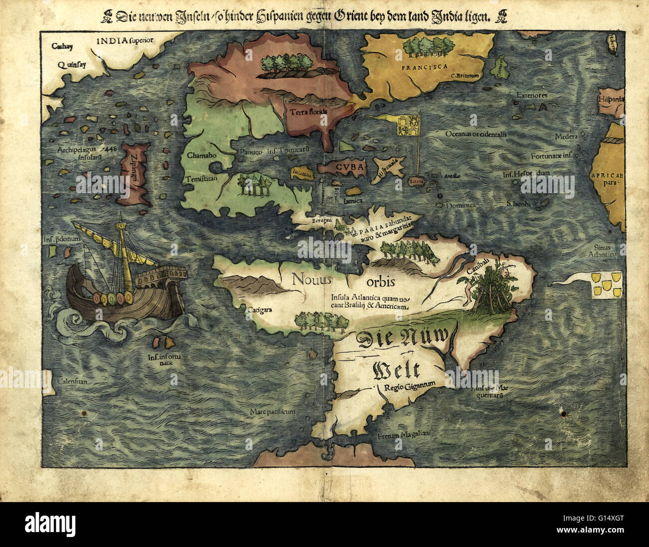 16e siècle la carte des Amériques. Publié en 1550, cette carte montre un rudimentaire allemand géographie des Amériques récemment découvertes. Les inscriptions sur l'Amérique du Sud sont en allemand ; les autres noms de lieux sont en Latin. Domaines explorés par les Espagnols de th Banque D'Images