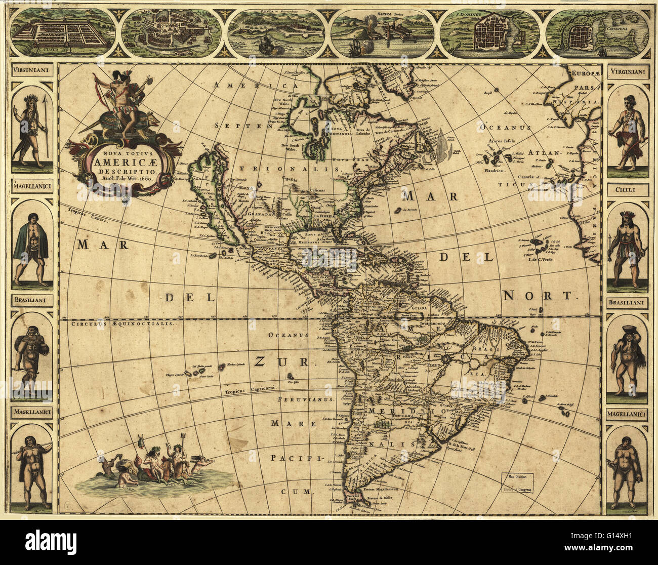 17e siècle la carte des Amériques. Publié à Amsterdam en 1660, cette carte par le cartographe hollandais Frederick de Wit (c.1630-1706) montre la géographie de l'Amérique, le nouveau monde d'être exploré par les Européens. L'exploration de l'Amérique du Sud était bien un Banque D'Images