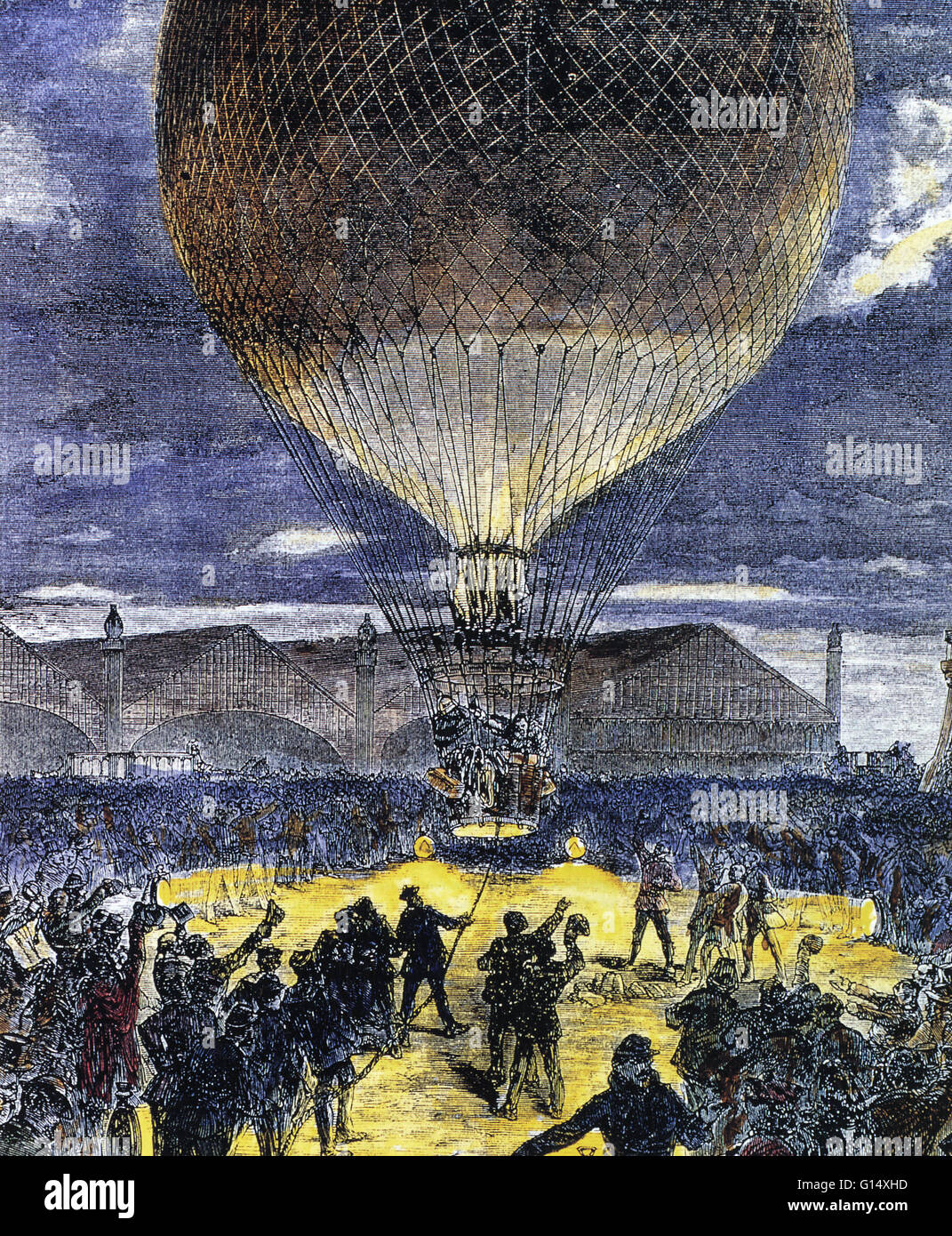 Le lancement d'un ballon rempli d'hydrogène. Ballons gonflés à l'hydrogène ont été utilisées pour voler au-dessus d'un territoire ennemi pendant la guerre franco-prussienne (1870-1871). Ils étaient aussi utilisés pour transporter des personnes hors de Paris au cours de ce conflit. Banque D'Images