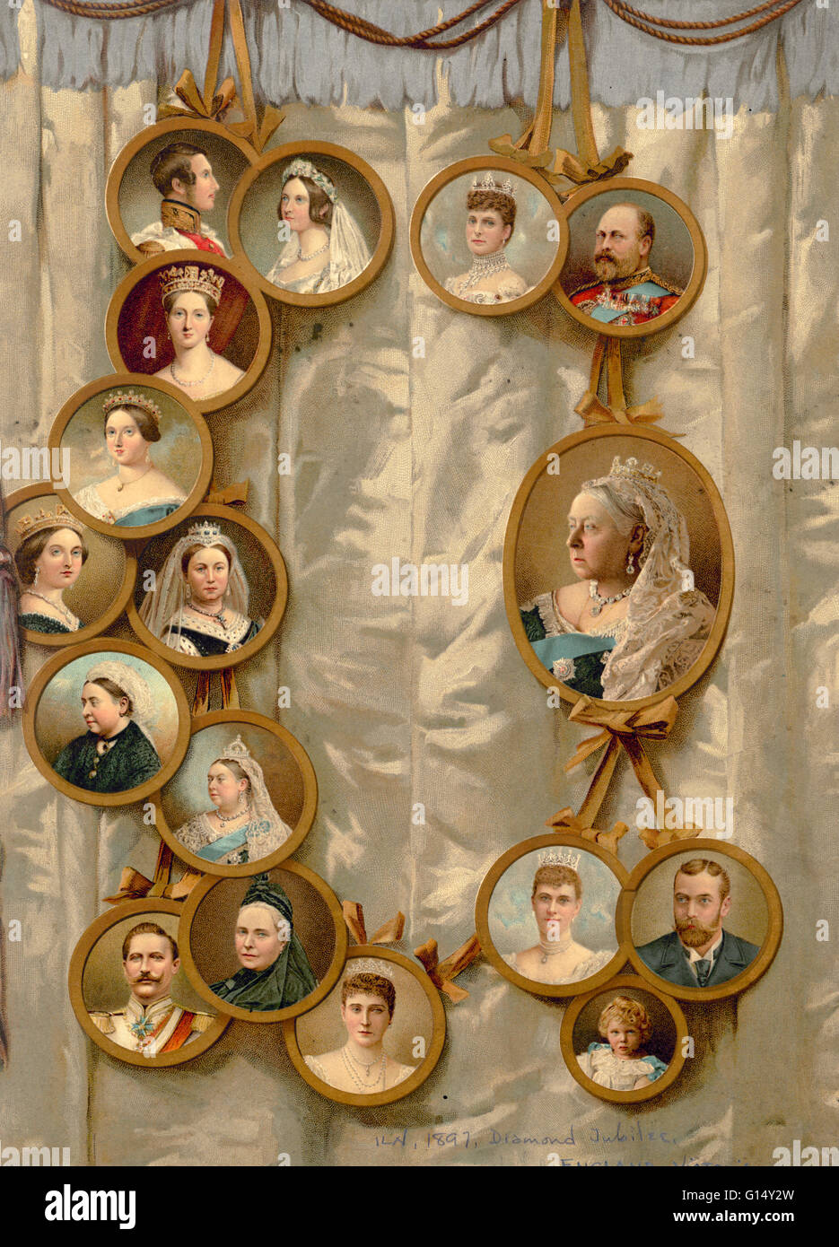 La reine Victoria et la famille royale en 1897. Un arbre généalogique de  portraits commémorant Victoria. (Victoria, 24 mai 1819 - 22 janvier 1901)  fut reine du Royaume-Uni de Grande-Bretagne et d'Irlande.