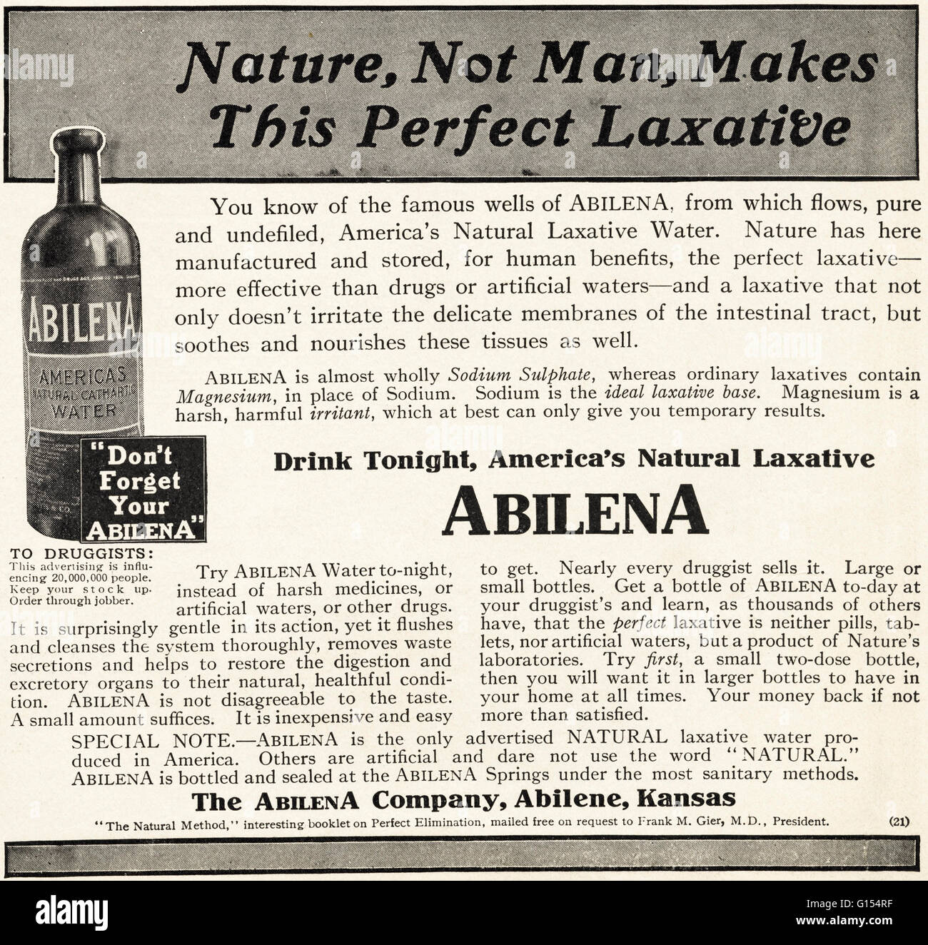 Old vintage original magazine américain annonce à partir de l'époque édouardienne datée 1910. Publicité Publicité Abilena laxatif naturel de l'Amérique Banque D'Images