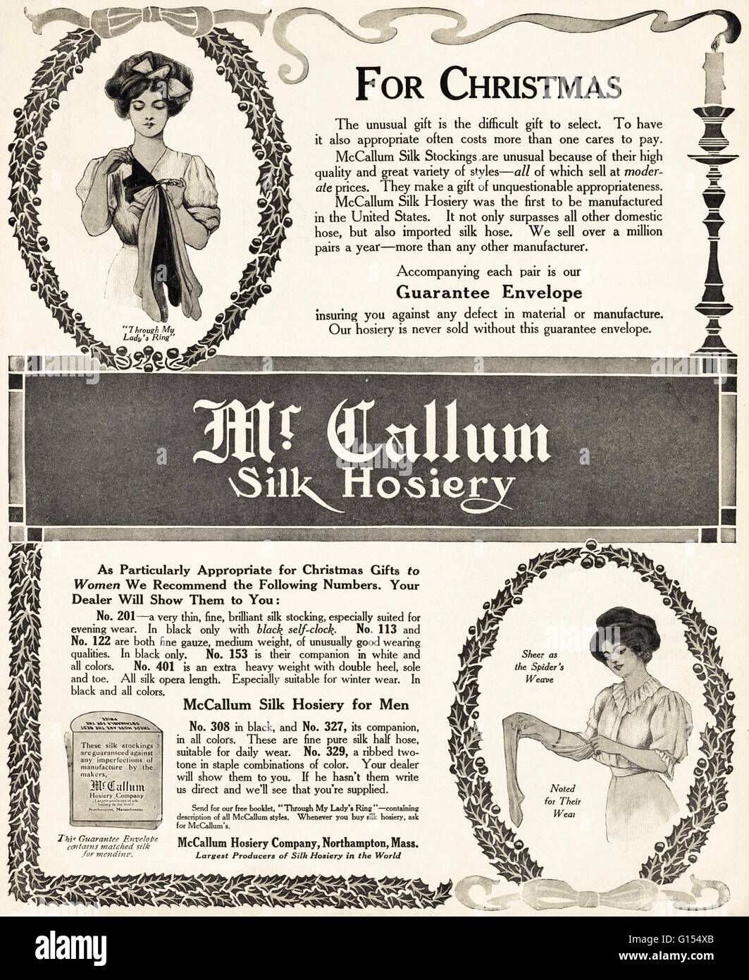 Old vintage original magazine américain annonce à partir de l'époque édouardienne datée 1910. M. Callum publicitaire bas de soie pour Noël par McCallum Hosiery Company de Northampton Massachusetts USA Banque D'Images