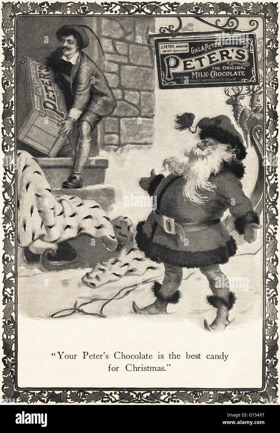 Old vintage original magazine américain annonce à partir de l'époque édouardienne datée 1910. Publicité Publicité Peter's chocolat au lait pour Noël Banque D'Images