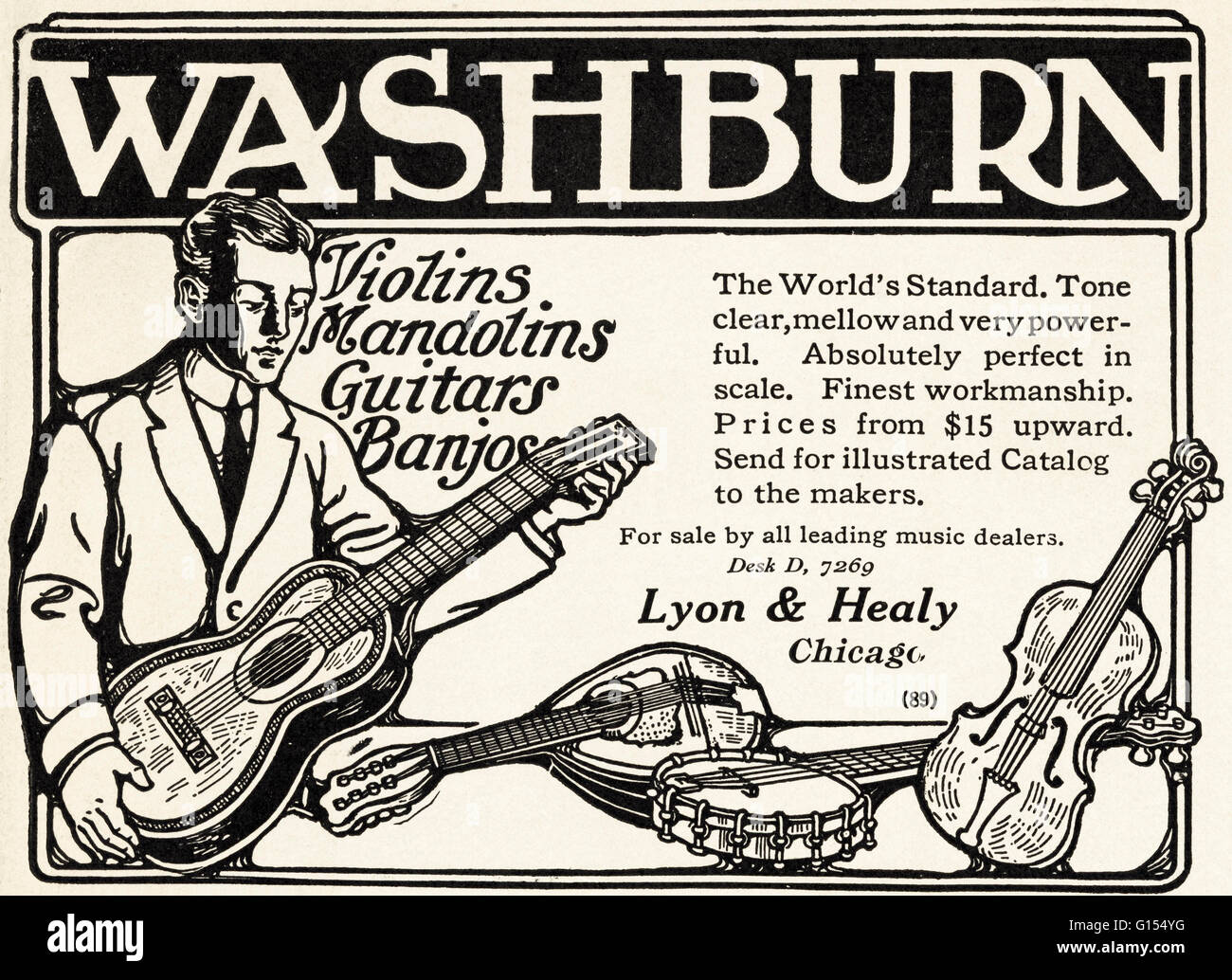 Old vintage original magazine américain annonce à partir de l'époque édouardienne datée 1910. Publicité Publicité Washburn violons mandolines guitares et banjos par Lyon & Healy de Chicago USA Banque D'Images