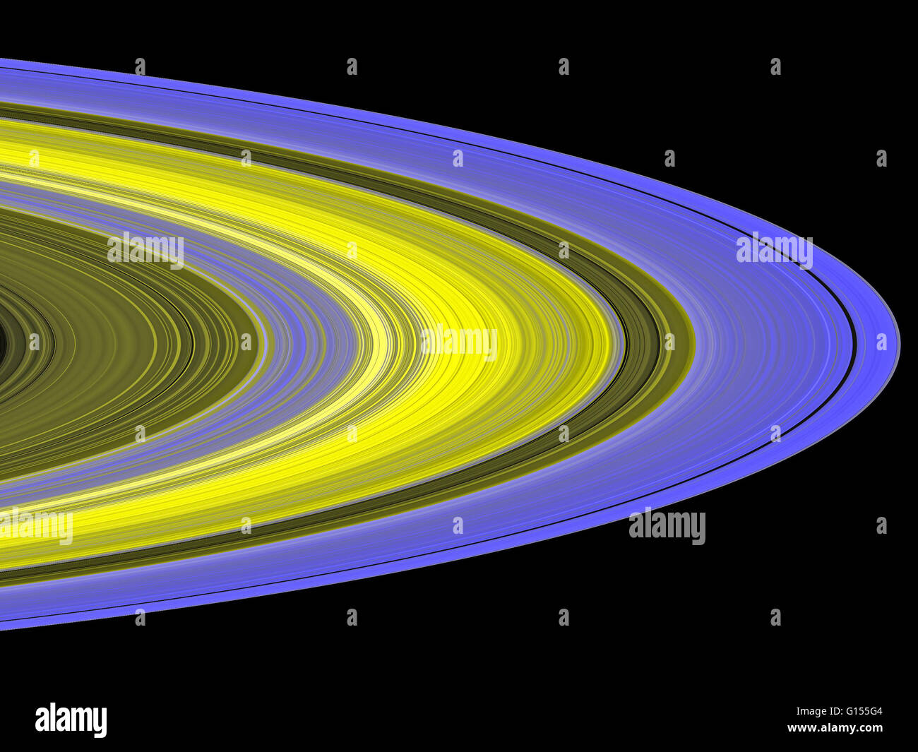 Cette image en fausses couleurs de Saturne anneaux principaux a été faite en combinant les données de plusieurs étoiles à l'aide d'occultations Cassini ultraviolet Imaging spectrograph. Une occultation se produit lorsqu'une planète passe devant l'autre, l'autre de se cacher ainsi Banque D'Images