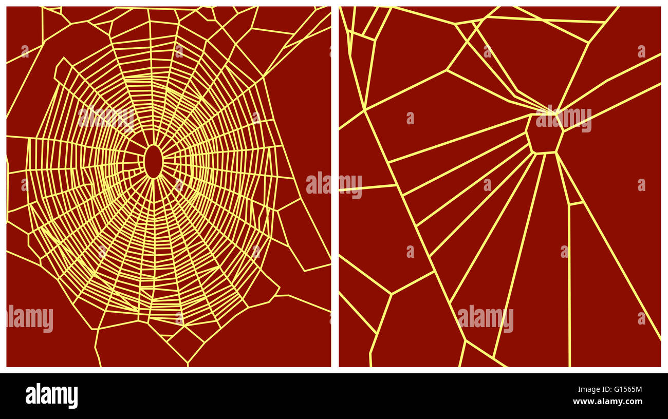 L'oeuvre de l'ordinateur montrant les effets de l'hydrate de chloral (C2.H.C13.O) sur le web la capacité de prendre des décisions d'araignées de jardin (Araneus diadematus). Un orb web normale (à gauche) est conçu pour capturer ses proies. Il est fait de dures, non collant, fils de soie rayonnante interco Banque D'Images