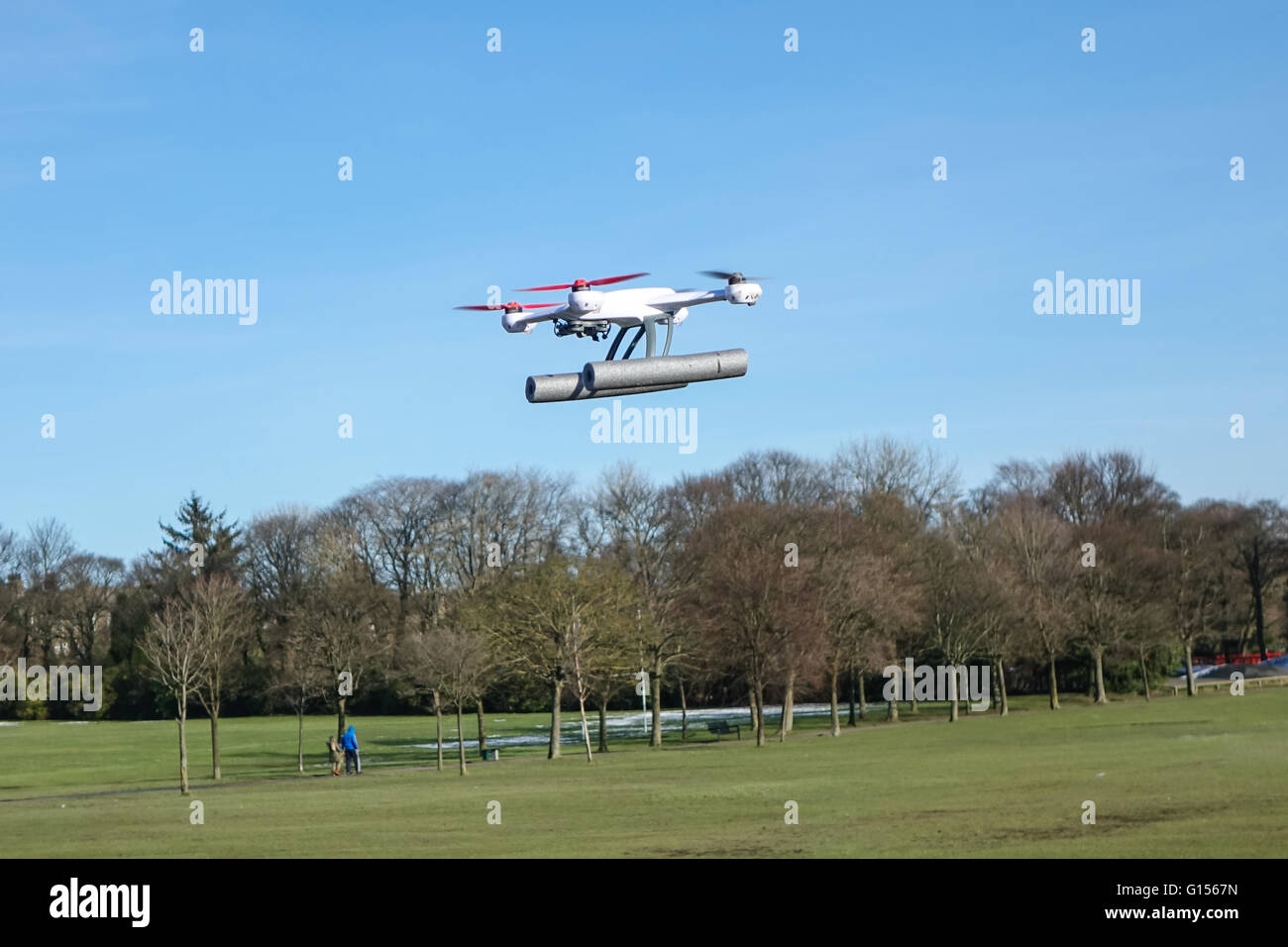 Blade 50QX hobby drone volant dans un parc, près d'arbres avec copie espace et aucun peuple Banque D'Images