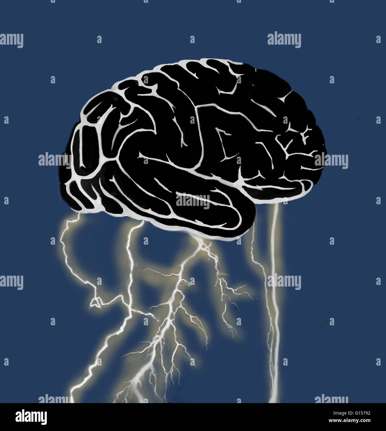 Illustration conceptuelle d'une séance de brainstorming. L'éclair à la base du cerveau pourrait représenter l'activité électrique pendant la formation de pensées. Il pourrait également représenter la moelle épinière, qui, avec le cerveau forme le syst nerveux central Banque D'Images