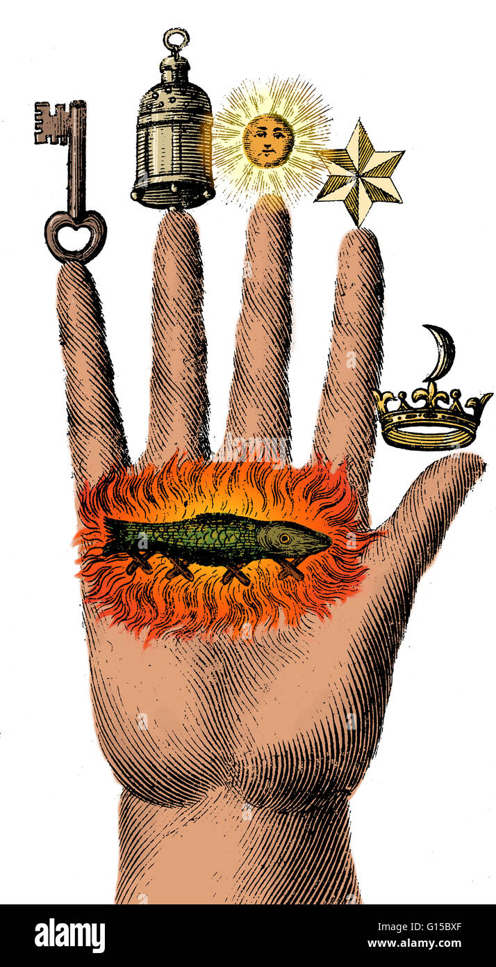 Symboles alchimiques sur "La part de la philosophie,' de 1667. Une salamandre entourée par des flammes peut être vu sur le palm. À l'époque, les salamandres auraient des propriétés mystiques. L'Alchimie a été le prédécesseur de pseudo-scientifique de la chimie. Parmi les autres Banque D'Images