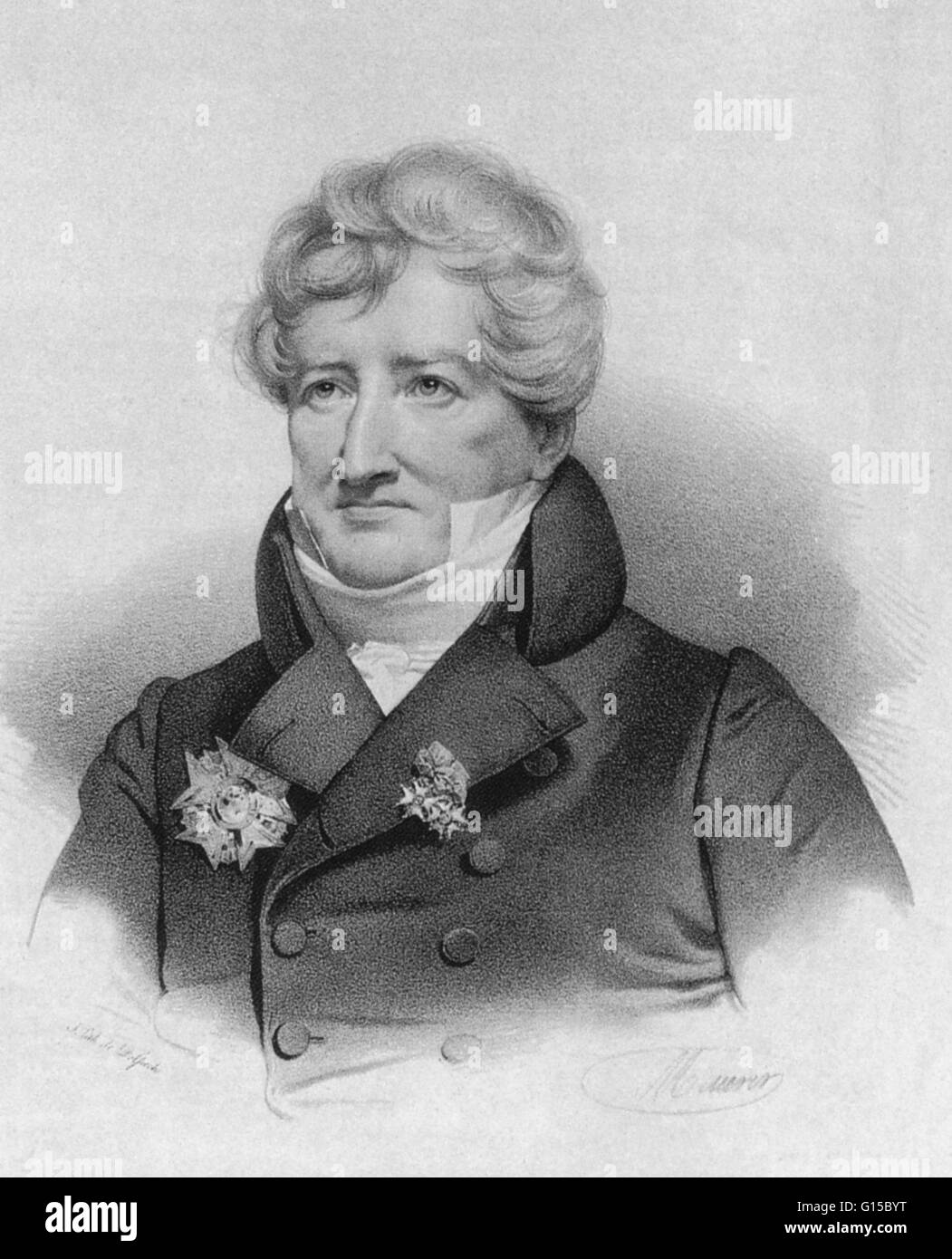 Georges Cuvier (nom complet Jean Léopold Nicolas Frédéric Cuvier, 1769-1832) est issue d'un système de classification zoologique que animaux regroupés selon les structures de leur squelette et organes. Cuvier a étendu son système pour les fossiles ; j sa Banque D'Images