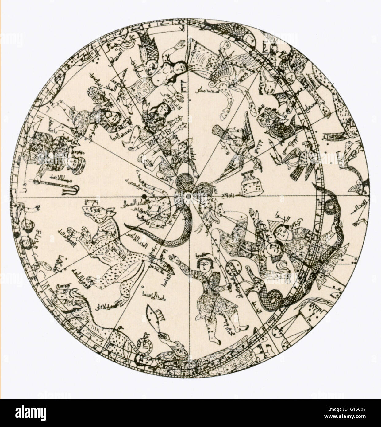 Une illustration de l'hémisphère nord d'un globe céleste en laiton appartenant au major-général Sir John Malcolm. Le globe en laiton a été faite par Muhammad ibn Hilal, éventuellement de Maragha, nord-ouest de l'Iran, AD 1275-76. Banque D'Images