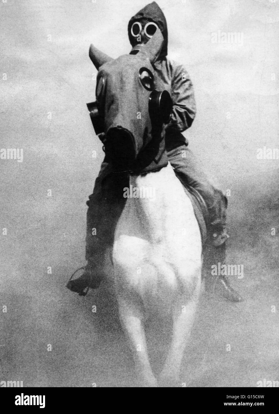 Cavalier et son cheval se déplacer par une mise en place d'une attaque au gaz à une routine appuyez sur Appeler à Oranienburg, près de Berlin, 1932. Banque D'Images