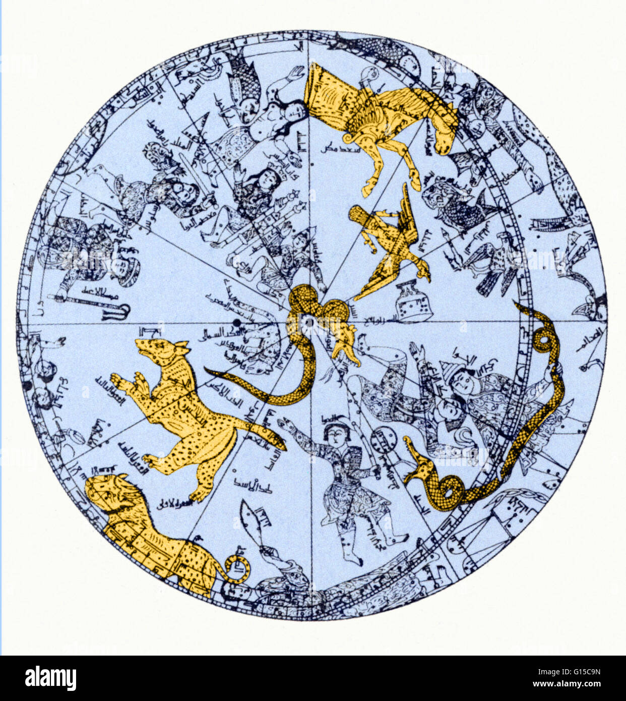Une illustration de l'hémisphère nord d'un globe céleste en laiton appartenant au major-général Sir John Malcolm. Le globe en laiton a été faite par Muhammad ibn Hilal, éventuellement de Maragha, nord-ouest de l'Iran, AD 1275-76. Banque D'Images