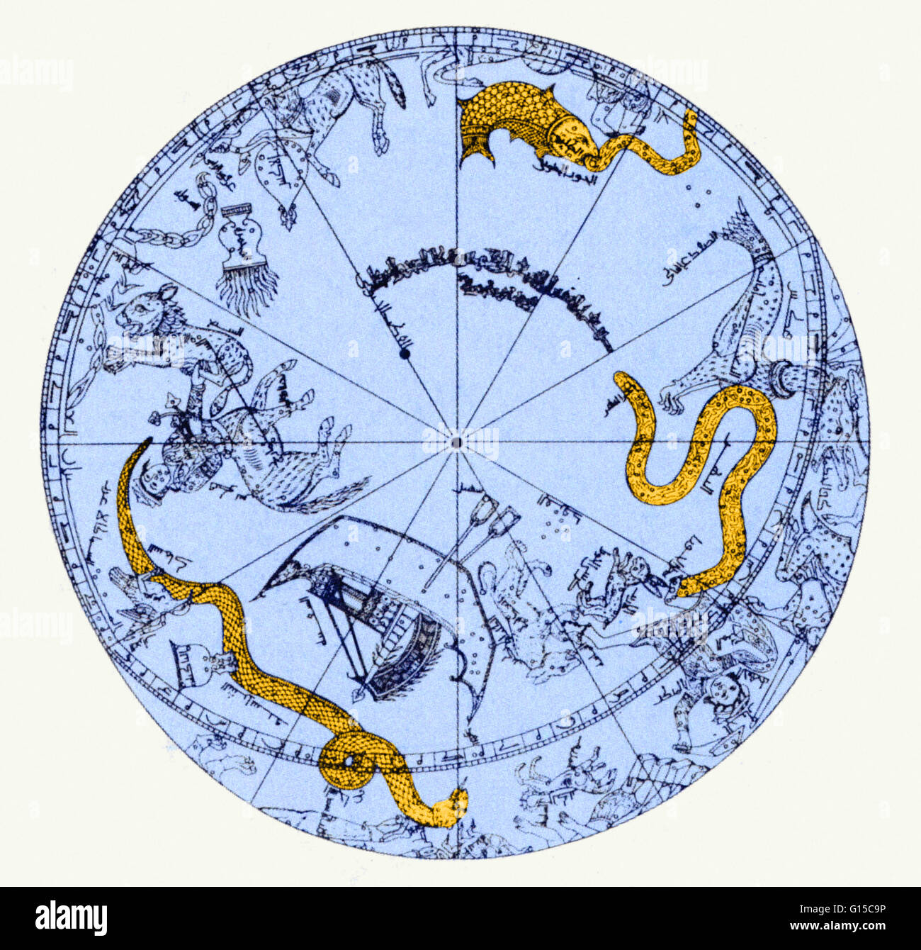 Une illustration de l'hémisphère sud d'un globe céleste en laiton appartenant au major-général Sir John Malcolm. Le globe en laiton a été faite par Muhammad ibn Hilal, éventuellement de Maragha, nord-ouest de l'Iran, AD 1275-76. Banque D'Images