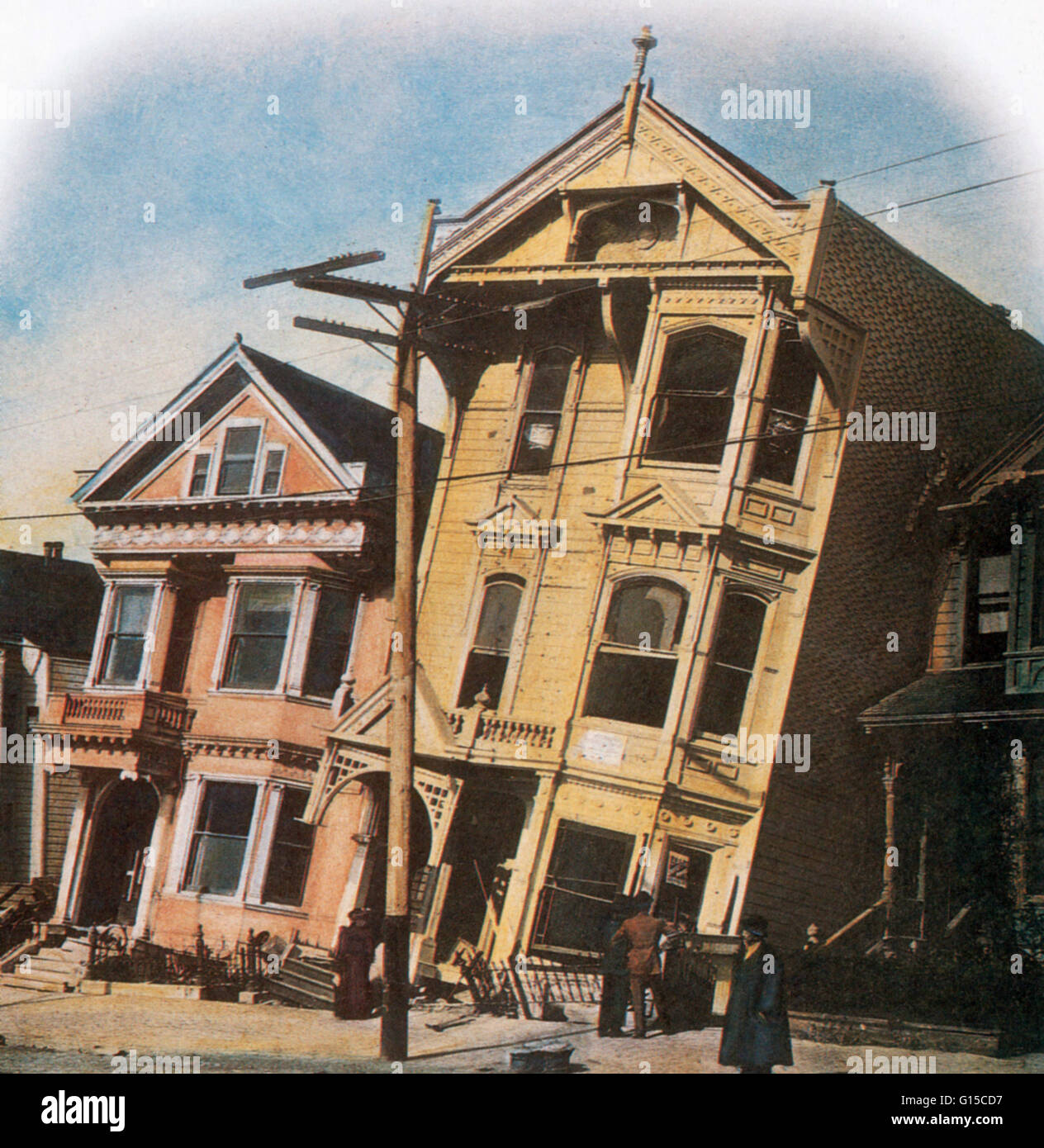 Maisons victoriennes sur Howard Street se pencher dangereusement sur le côté après le tremblement de terre de San Francisco de 1906. Il s'agit d'une main, photographie contemporaine. Le séisme a brisé les fondations, murs lézardés, et compromis la structure de centaines, si ce n'est pas t Banque D'Images