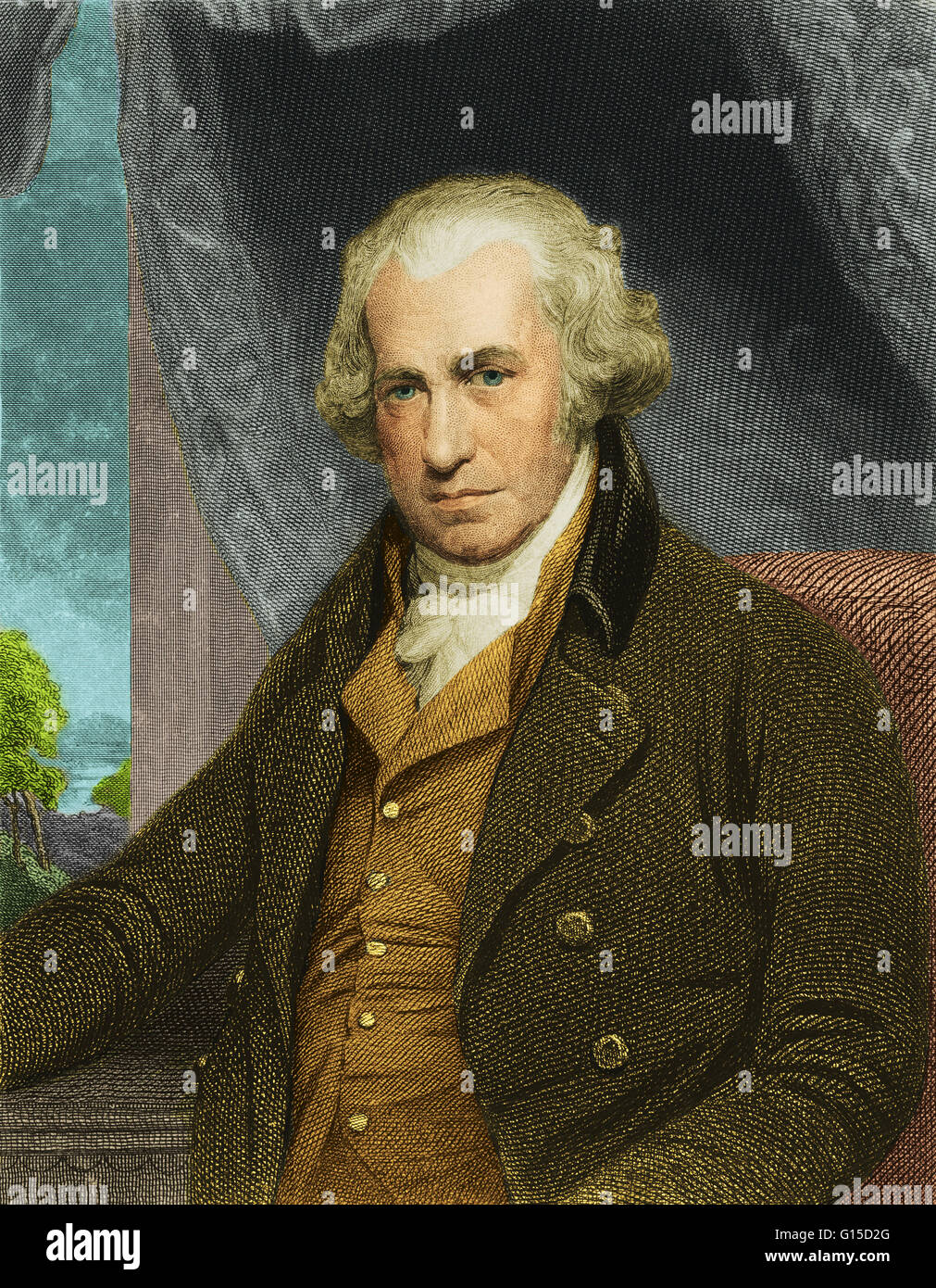 James Watt (1736-1819) était un inventeur et ingénieur écossais dont les améliorations à la machine à vapeur Newcomen étaient fondamentales pour les changements apportés par la révolution industrielle. Watt a introduit une amélioration de la conception, le condenseur séparé, whic Banque D'Images