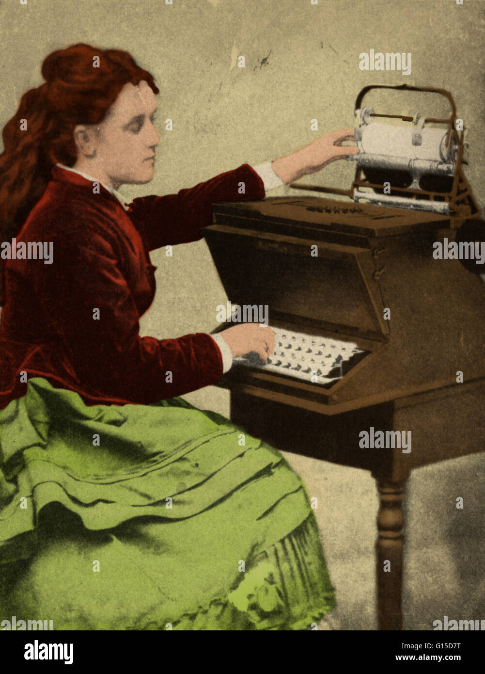 Lillian Sholes, fille de Christopher Sholes écrit sur l'une de ses machines expérimentales. 'La première dactylographe.' 1872. Christopher Latham Sholes (1819-1890) était un inventeur américain souvent désigné comme le père de la machine à écrire. Machines à écrire a bee Banque D'Images
