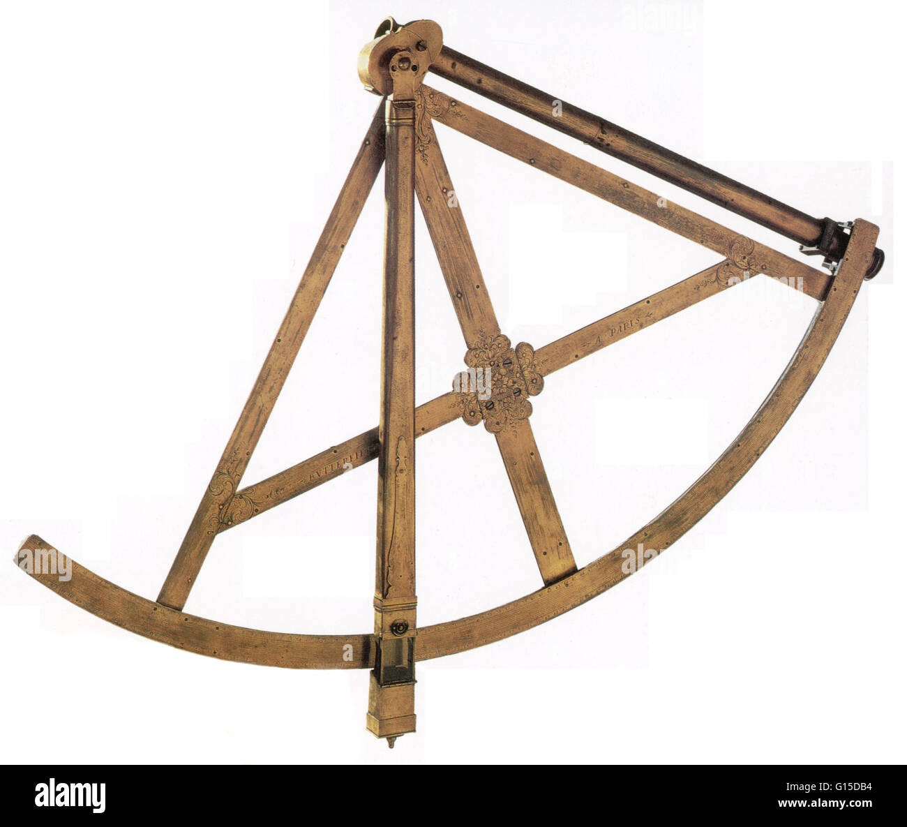 Quadrant astronomique en laiton a été réalisé à Paris à la fin du xviie au début du xviiie siècle. Il aurait été utilisé pour mesurer l'altitude d'étoiles. Banque D'Images