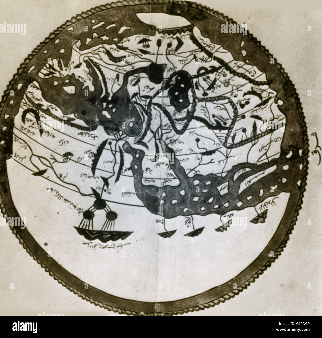 Les géographes arabes compris les contours de l'Asie, l'Europe et l'Afrique du Nord par VI/12e siècle ; leur connaissance a été résumée par le grand atlas de l'al-Idrisi de 549/1154. Il place au sommet du sud ; la carte est inversée pour le rendre facilement reconnaissable. Banque D'Images