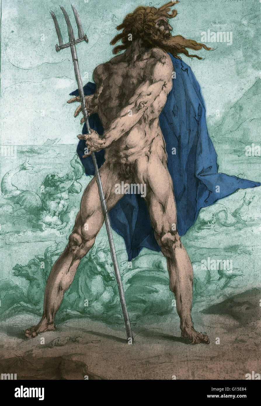 Un dessin de Jan Muller Leon Lhermitte (1571-1628) de Neptune avec son trident et des chevaux. Neptune était le dieu romain de l'eau douce et la mer, dans la religion romaine. Il est le pendant du dieu grec Poséidon. Dans la mythologie gréco-romaine, il était le frère o Banque D'Images