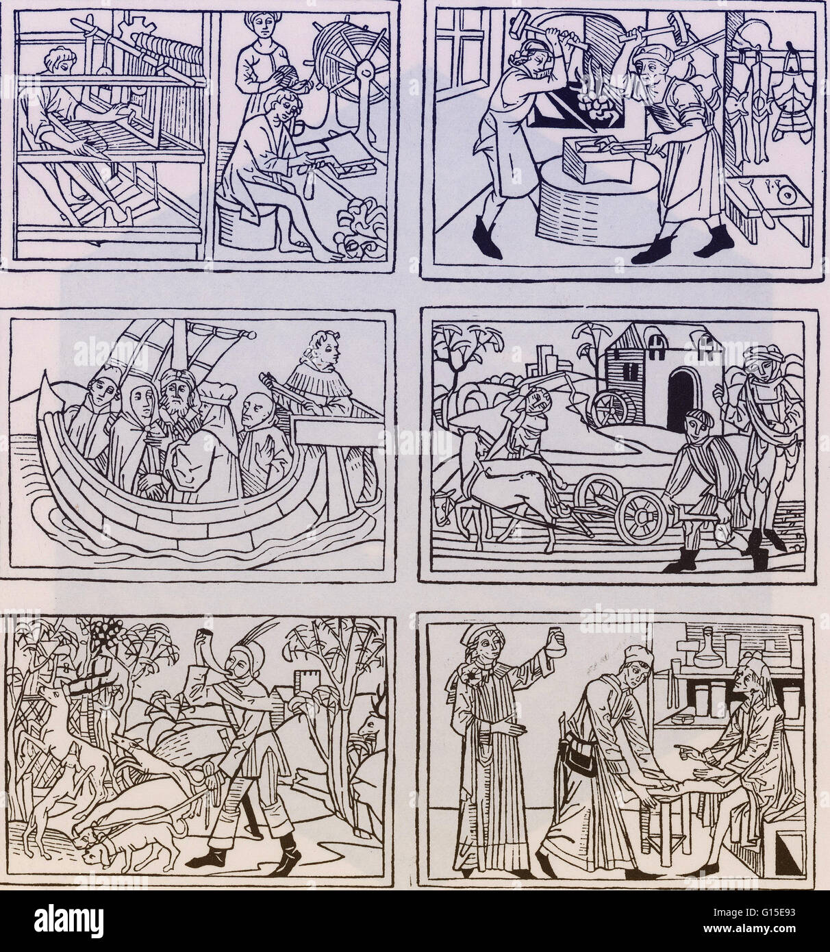 Six Arts mécaniques : le textile, le travail, la Forge, la navigation, l'Agriculture, de la chasse et de la médecine. c.1475 de Rodericus spéculum Humanae Vitae, Zamorensis. Banque D'Images