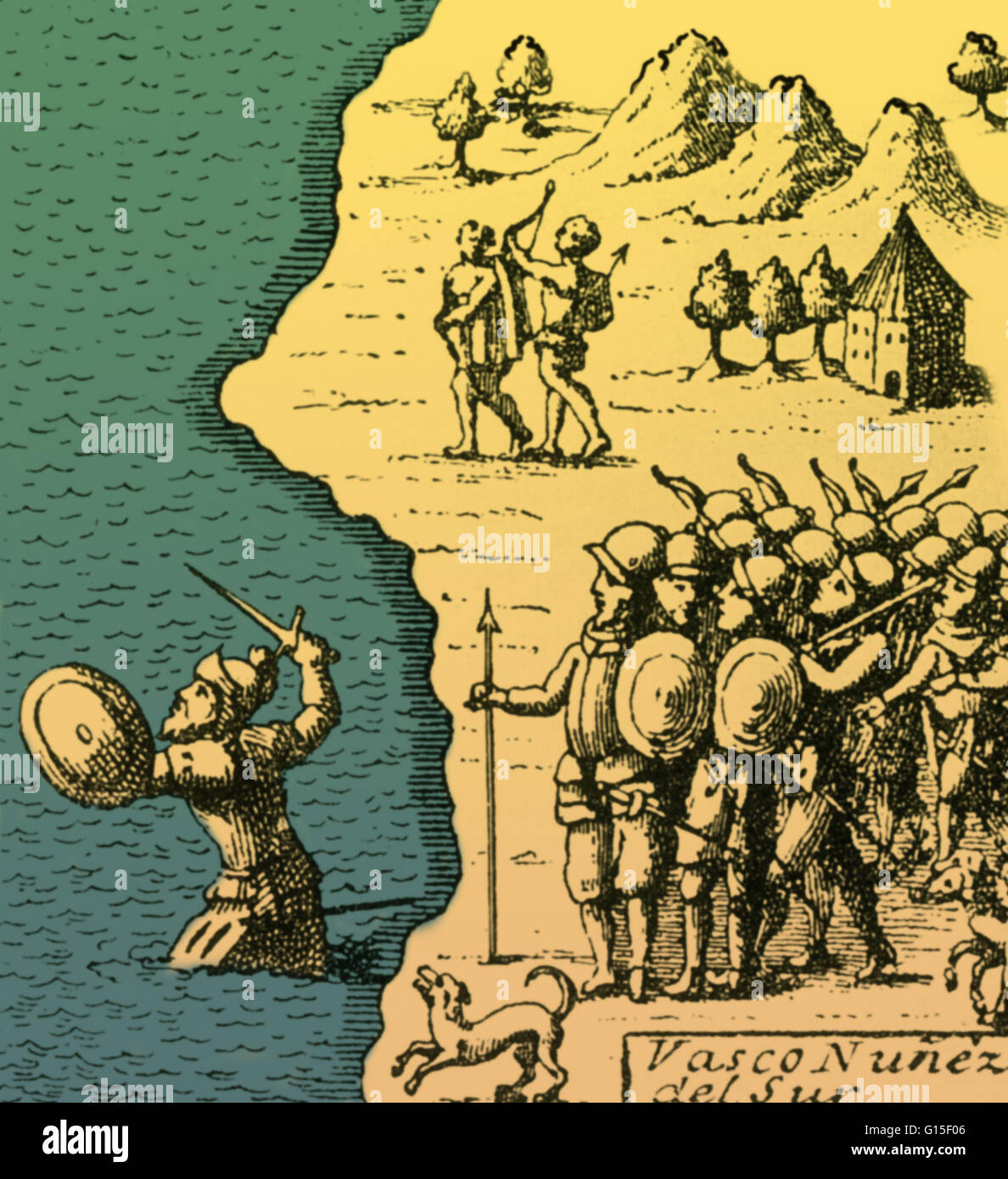 Vasco Núñez de Balboa (1474 - 15 janvier 1519) était un explorateur espagnol, gouverneur, et conquistador. Le Balboa est surtout connu pour avoir traversé l'Isthme de Panama à l'océan Pacifique en 1513. Ici il est vu en agitant son épée, pataugez dans le Pacifique, shou Banque D'Images
