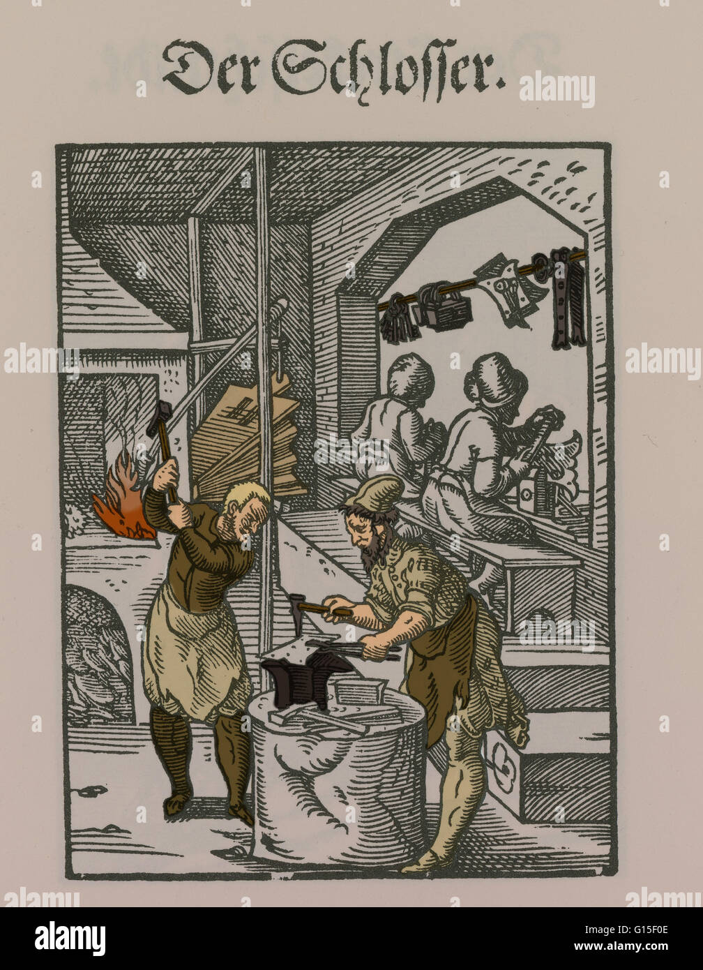 Le serrurier. La gravure reproduite à partir de Jost Amman's 'Eygentliche Beschreibung aller Stande auff Erden" ou "description exacte de tous les rangs sur la Terre'. Francfort, 1568. Amman documenté la vie contemporaine dans les années 1500. Son livre est connu sous le nom de Bo (Ständebuch Banque D'Images