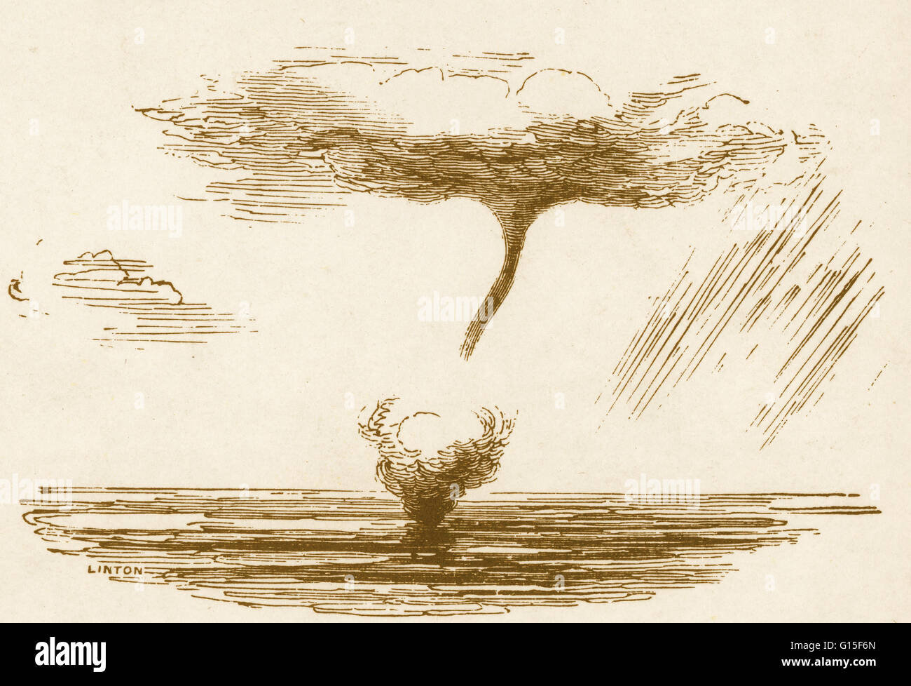 Une trombe marine est une colonne de petit diamètre de l'air tourbillonnant rapidement en contact avec une surface de l'eau. Les trombes marines sont presque toujours produits par un cumulus de plus en plus rapidement. Ils sont une forme d'entonnoir ou partie tubulaire d'un nuage sur l'océan ou d'un autre organisme Banque D'Images