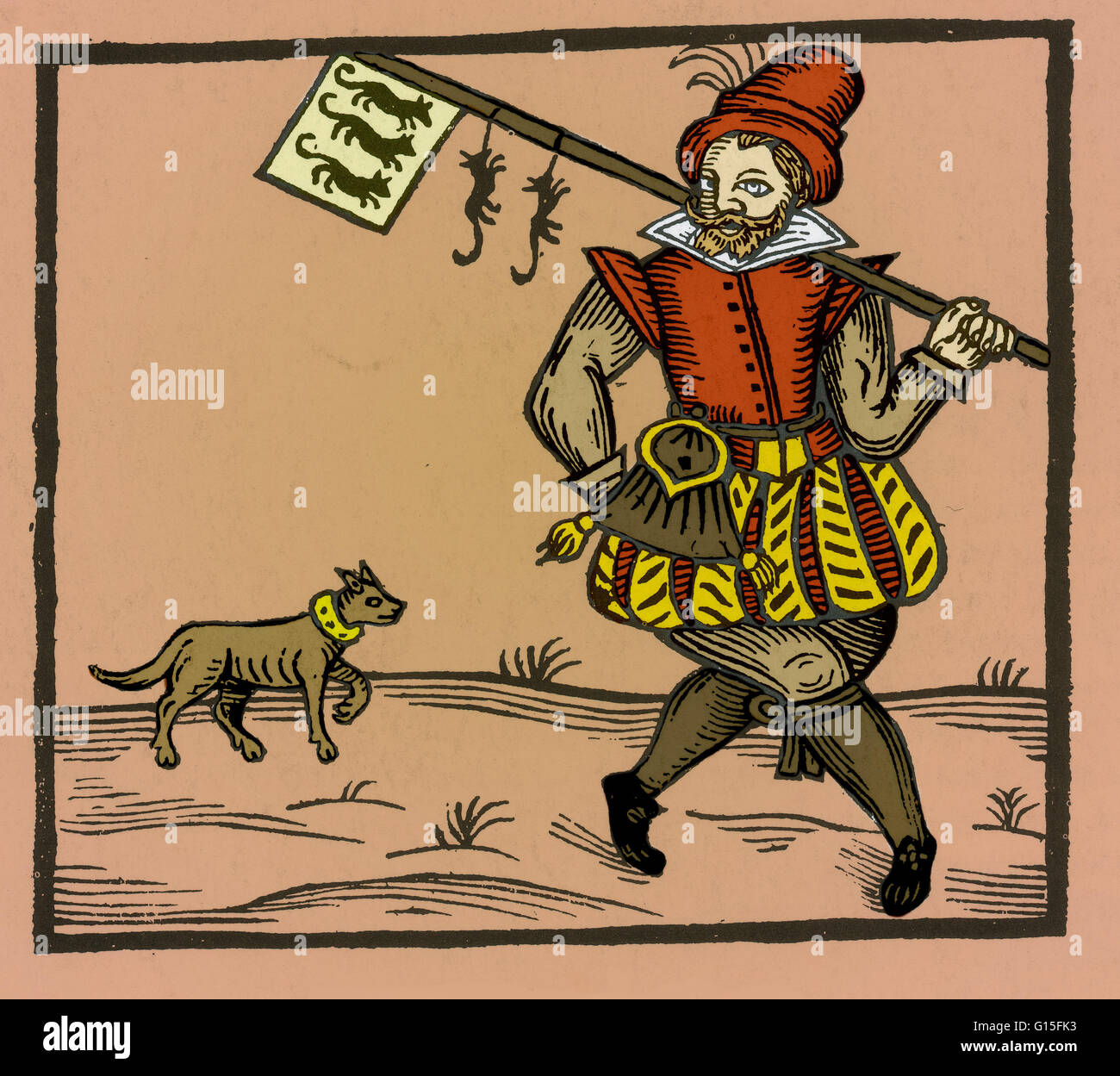 Un rat catcher avec drapeau, enseigne de son commerce. Le maintien de la population de rats sous contrôle a été pratiqué en Europe pour empêcher la propagation de maladies à l'homme, la plus connue étant la peste noire et pour protéger l'approvisionnement alimentaire. Banque D'Images