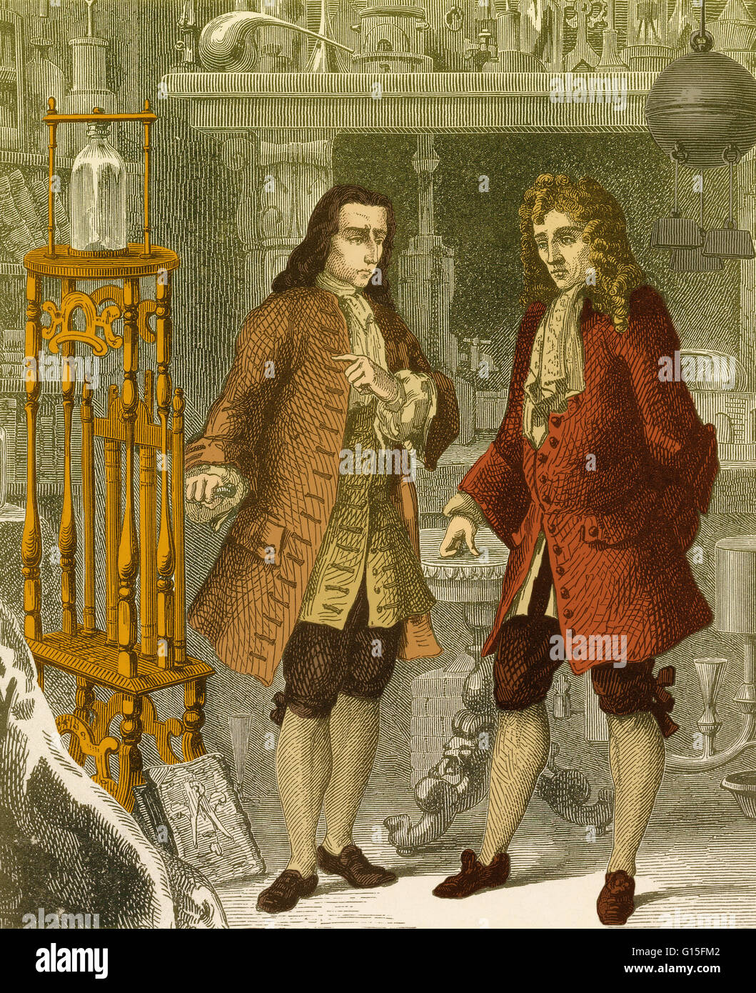 Boyle et son assistant de laboratoire Papin, 1675. Robert Boyle (1627-1691) était un philosophe naturel du 17ème siècle, chimiste, physicien et inventeur, aussi connu pour ses écrits en théologie. Bien que sa recherche a clairement ses racines dans la traditi alchimique Banque D'Images