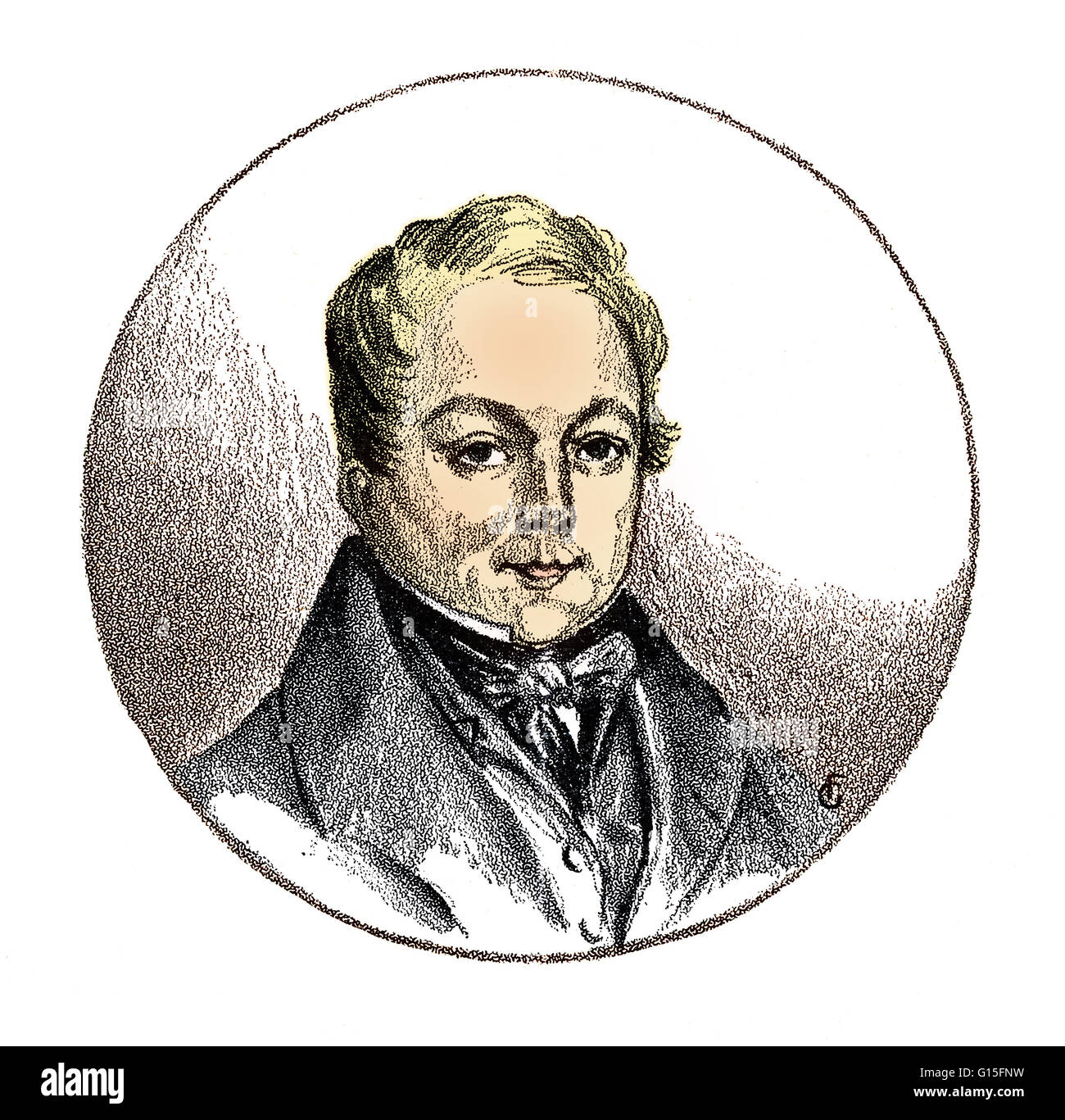 Gravure de Magendie de 1822. François Magendie (1783-1855) était un physiologiste français, considéré comme un pionnier de la physiologie expérimentale. Il est connu pour décrire le foramen de Magendie. Sa plus importante contribution à la science était aussi son plus dis Banque D'Images