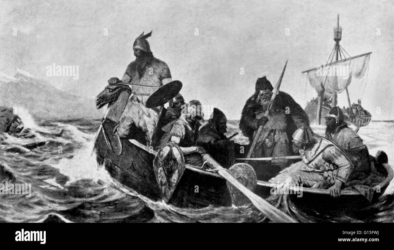 Leif Ericson au large de la côte de Vinland, photogravure par G. A. Bowles, 1894. Leif Ericson (970 -1020) était un explorateur scandinave considéré comme le premier Européen à la terre en Amérique du Nord, près de 500 ans avant Christophe Colomb. Selon les sagas de l'IC Banque D'Images