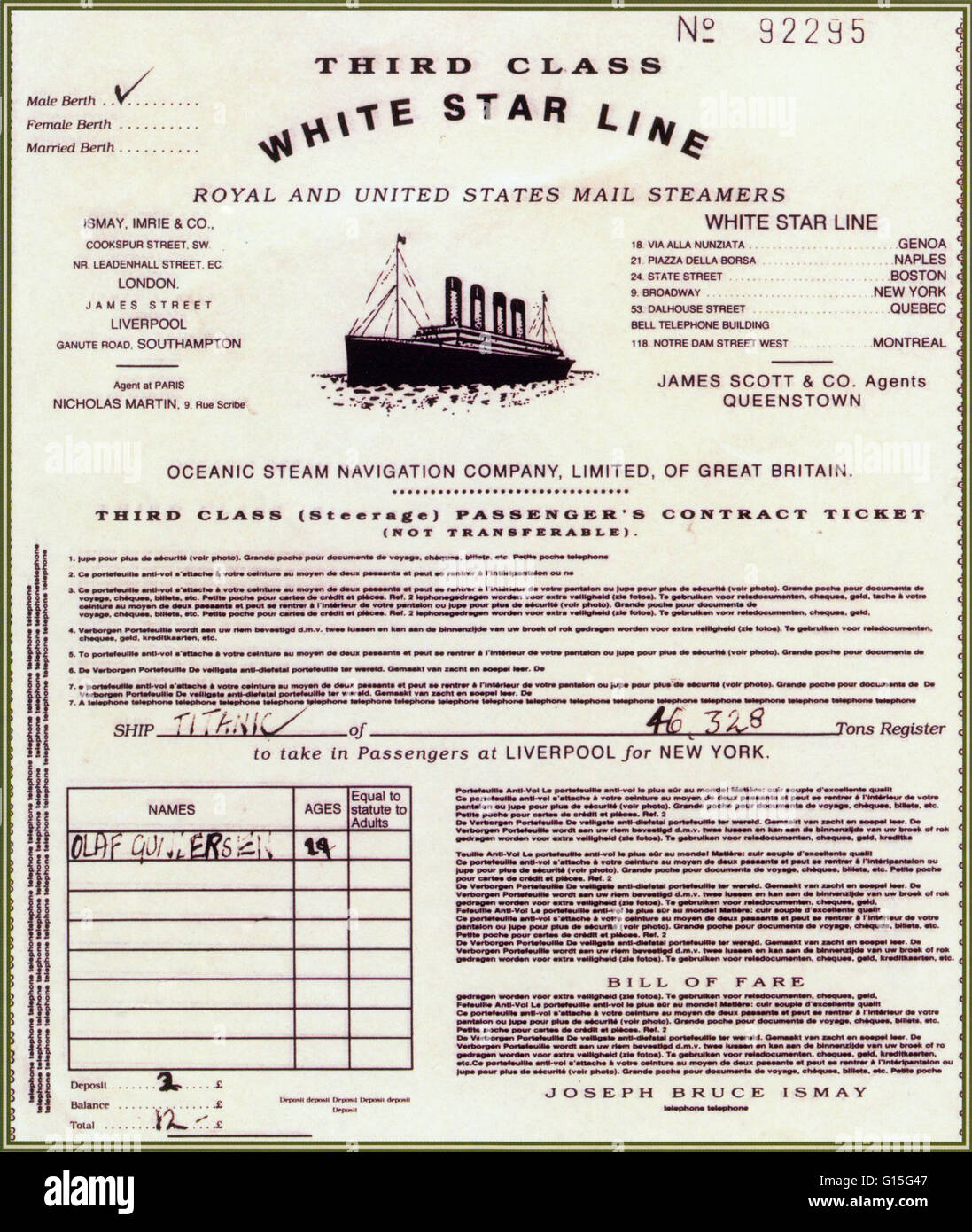 Réplique d'une troisième classe pour le Titanic. Le même type de billet a été utilisé à d'autres navires. Remarquez le grand nombre de sociétés imbriquées qui sont impliqués dans la ligne de navigation. Banque D'Images