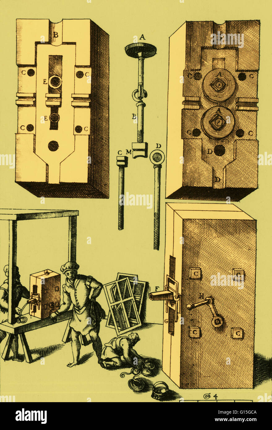 Schéma de l'historique 'roues qui mènent le groove' à un matériel roulant et bandes de plomb pour l'usine de découpe. De Zonca's Nuovo Teatro di Machine et Edificii, ch. 1607. C'est un diagramme d'une presse du graveur pour l'impression de dessins avec des plaques de cuivre gravées Banque D'Images