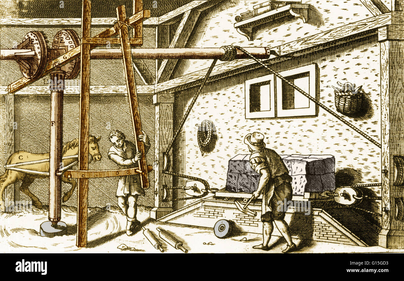 Une illustration historique montrant le processus de pierre à un cheval-driven usine de maçonnerie, ch. 1607. Une poulie et chevaux, déplacer le marbre et autres pierres. De Zonca's Nuovo Teatro di Machine et Edificii. Banque D'Images