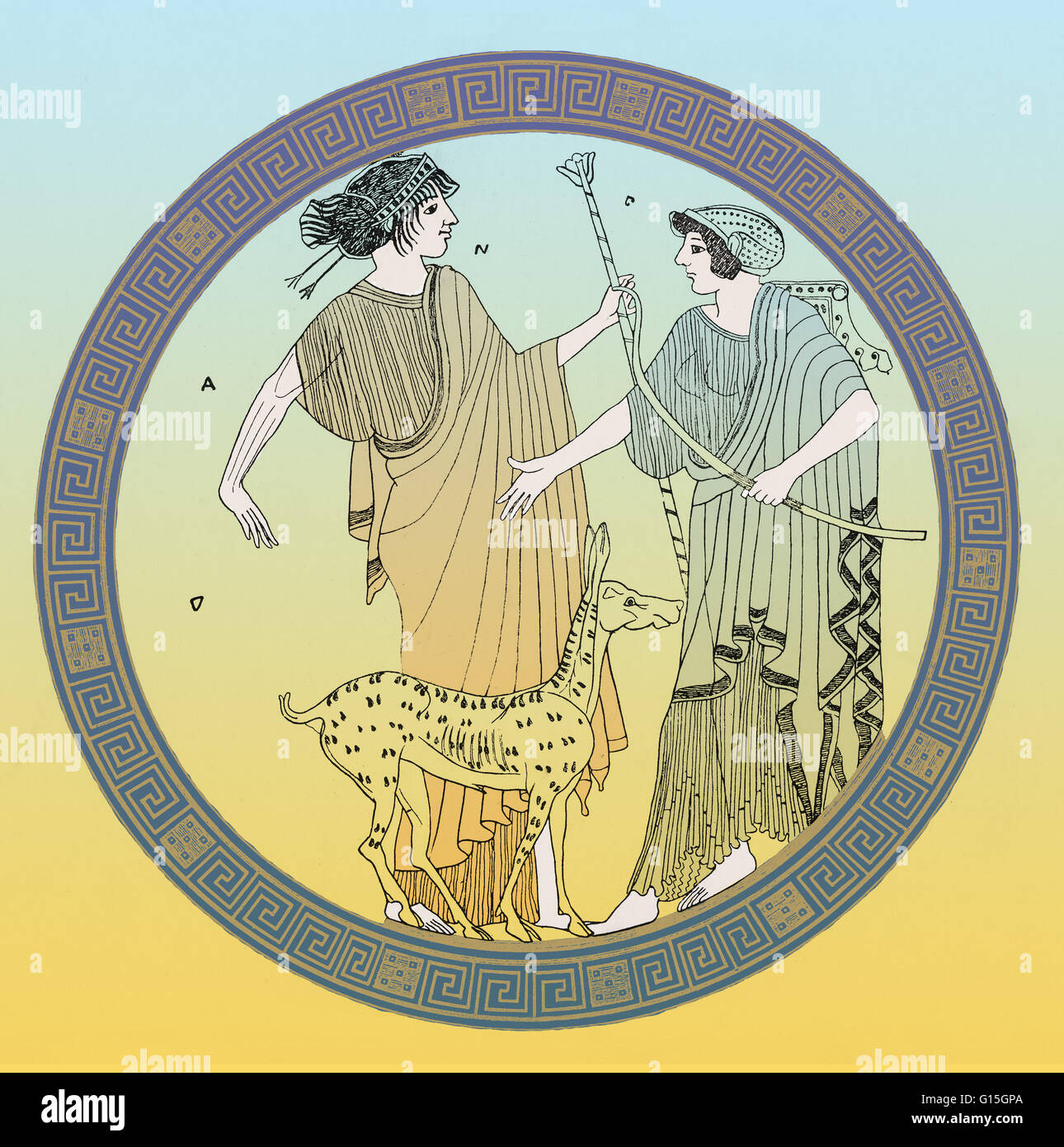 Lits jumeaux Apollon et Artémis, fils et fille de Zeus et de Léto. Ils sont présentés ici avec leurs attributs : Apollo, à gauche, se tient à côté de son faon, et Artemis (qui deviendra plus tard la déesse romaine Diane) est montré tenant son arc et portant un carquois. Droit deri Banque D'Images