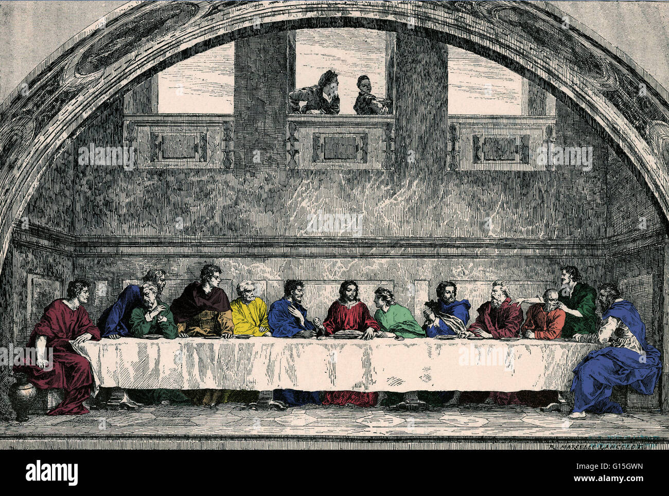 Dans les Évangiles chrétiens, la cène est le dernier repas Jésus partage avec les Douze Apôtres avant sa mort. Beaucoup de Chrétiens croient que Jésus institua l'Eucharistie d'abord à son repas quand il a offert son corps et son sang aux apôtres dans le pour Banque D'Images
