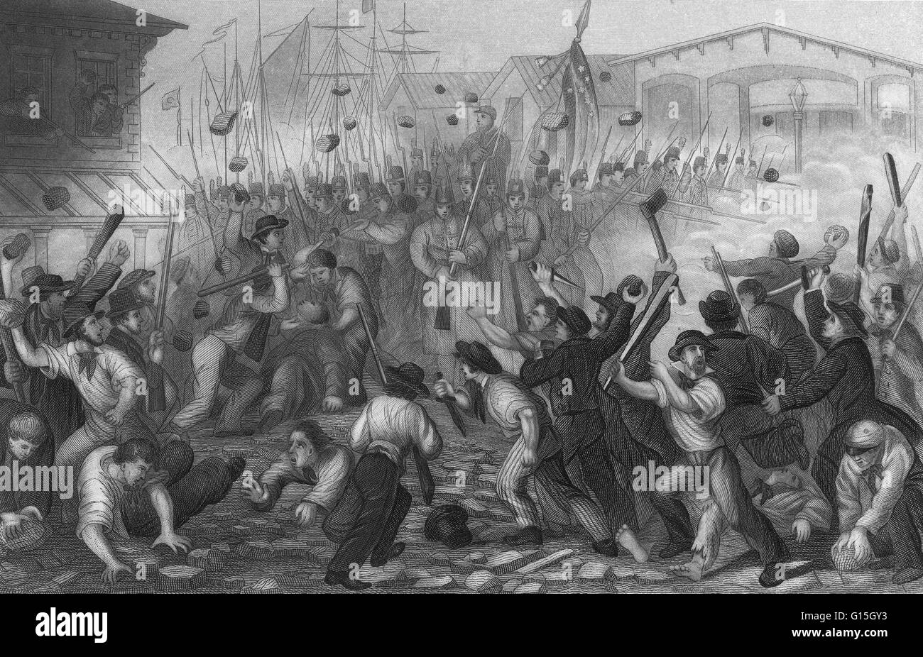 Le droit d'impression : attaque sur le Massachusetts 6ème à Baltimore, le 19 avril 1861. L'émeute de 1861 Baltimore (aussi appelé le Pratt Street Riot et le Pratt Street Massacre) a eu lieu le 19 avril 1861, à Baltimore, au Maryland, sympathisant confédérés Banque D'Images