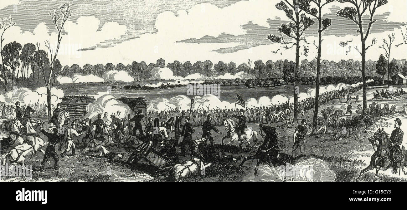 La légende dit : "repousser l'attaque confédérée combiné à la Peach Orchard, Shiloh, New York, dimanche, le 6 avril 1862.' La bataille de Shiloh, également connu sous le nom de la bataille de Pittsburg Landing, fut une bataille majeure de la guerre civile américaine, les 6 et 7 avril 18 Banque D'Images